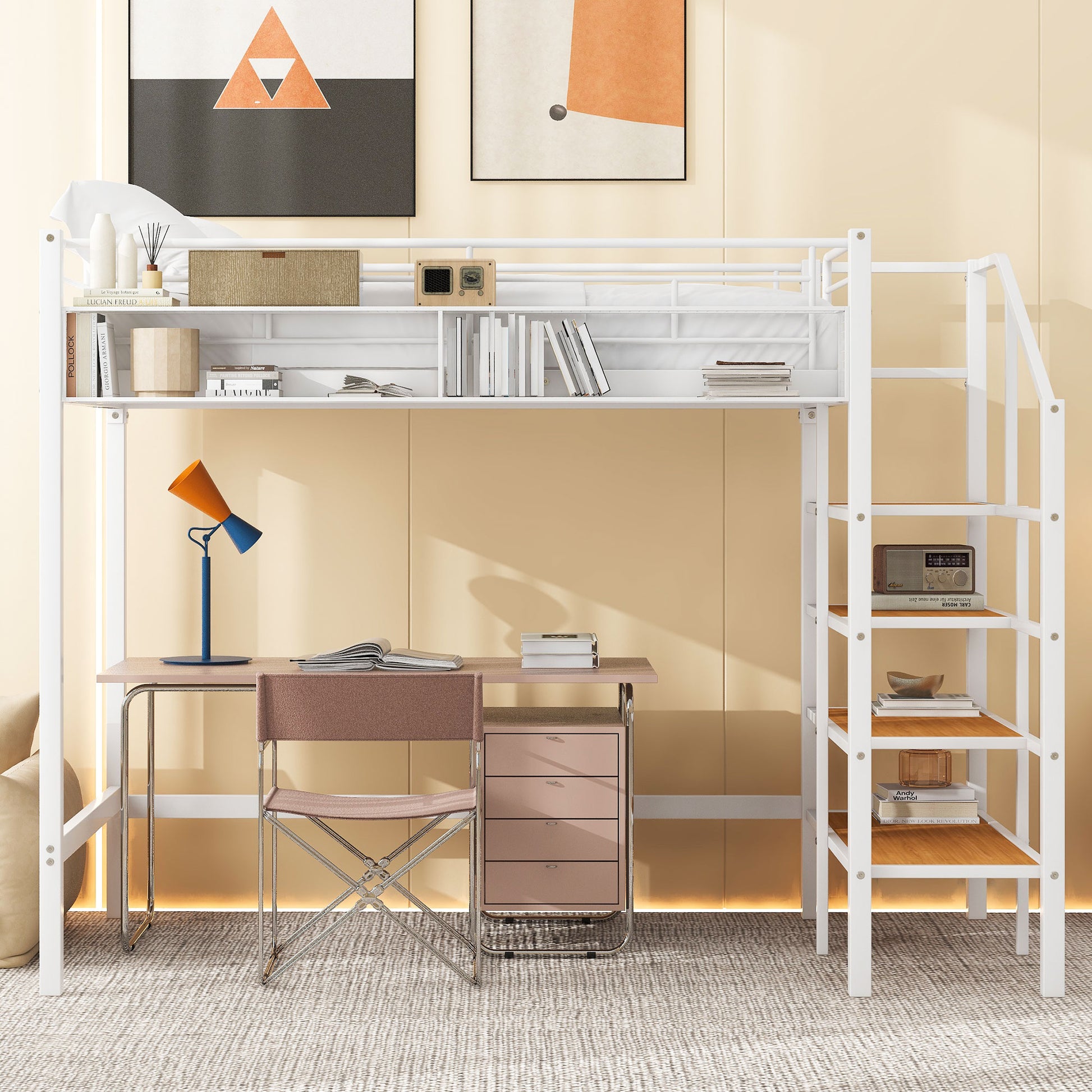 Twin Size Metal Loft Bed With Upper Grid Storage Shelf And Lateral Storage Ladder, White White Mdf Metal