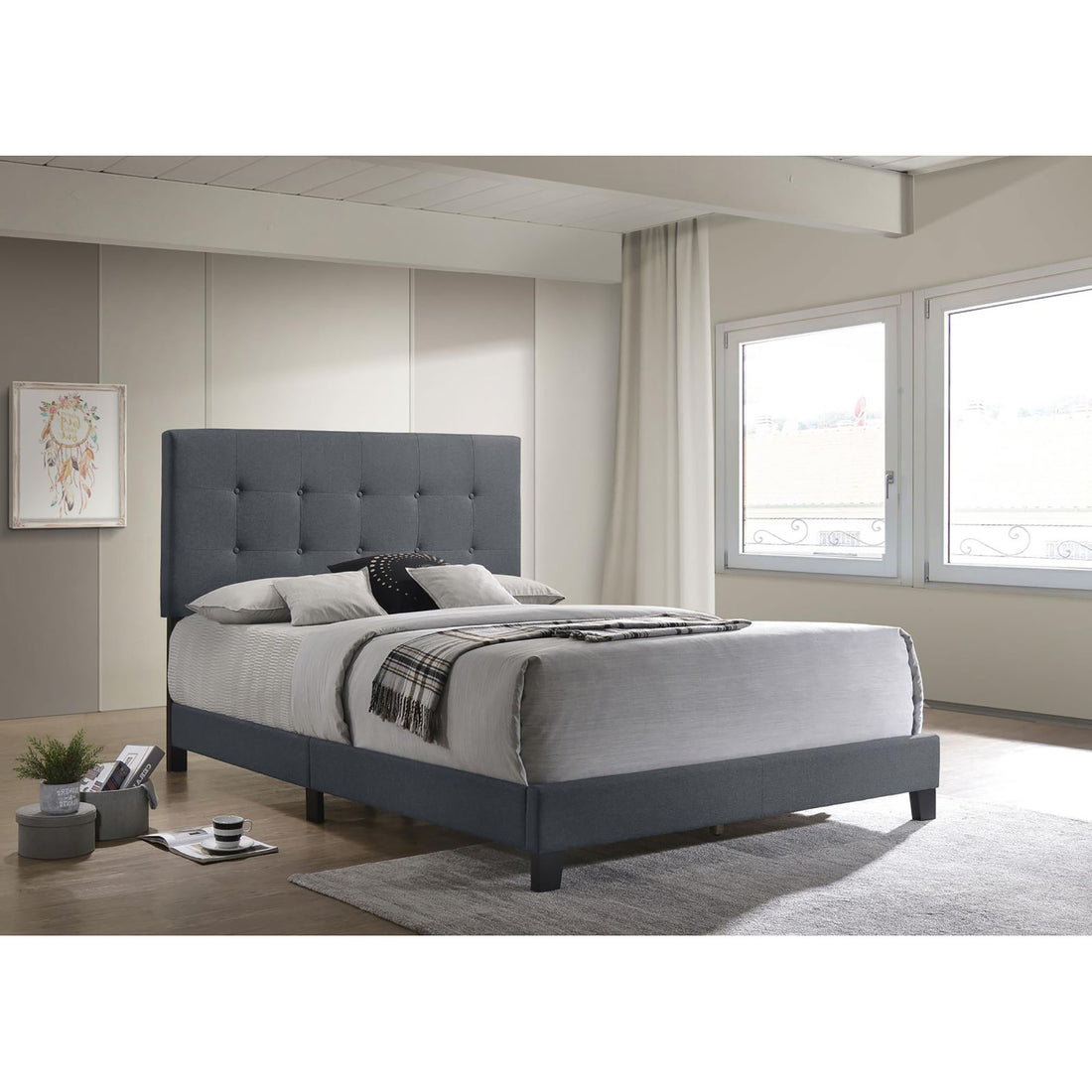 Grey Tufted Queen Panel Bed Box Spring Required Queen Grey Wood Bedroom Transitional Panel Foam Upholstered