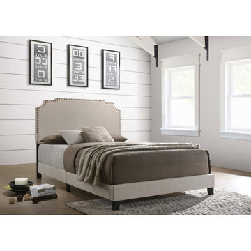 Beige Queen Panel Bed With Trim Box Spring Required Queen Beige Wood Bedroom Transitional Panel Foam Upholstered