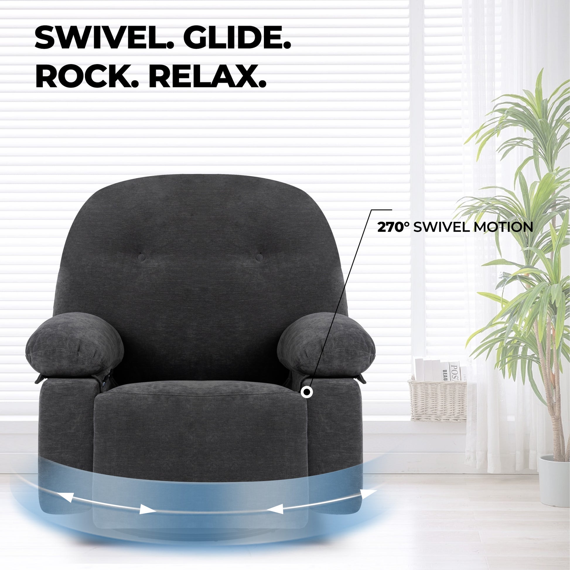 Modern Chenille Recliner Chairs Swivel Massage Rocker Recliner With Heat Dark Gray Chenille Manual Handle Metal Primary Living Space Soft Cushion Back Heavy Duty American Design,Artsy,Casual,Cute Pillow Top Arms Foam Chenille