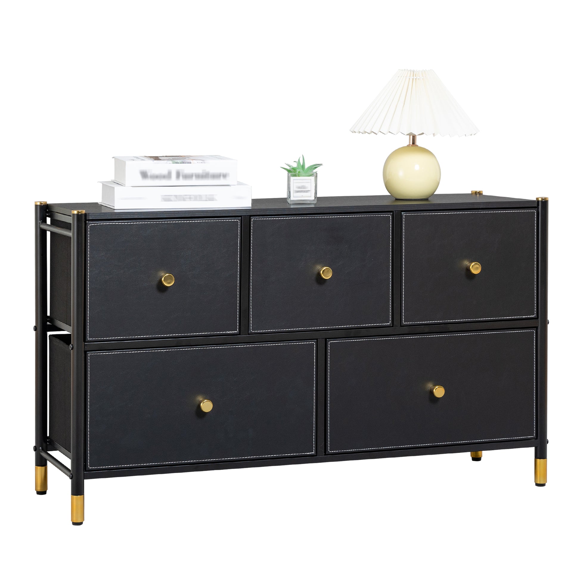 Drawer Dresser Cabinet ,All Dresser With 5 Pu Leather Front Drawers, Storage Tower With Fabric Bins, Double Dresser, Chest Of Drawers For Closet, Living Room, Hallway, Children'S Room, Color:Black 5 Or More Drawers Black Primary Living Space Drawers