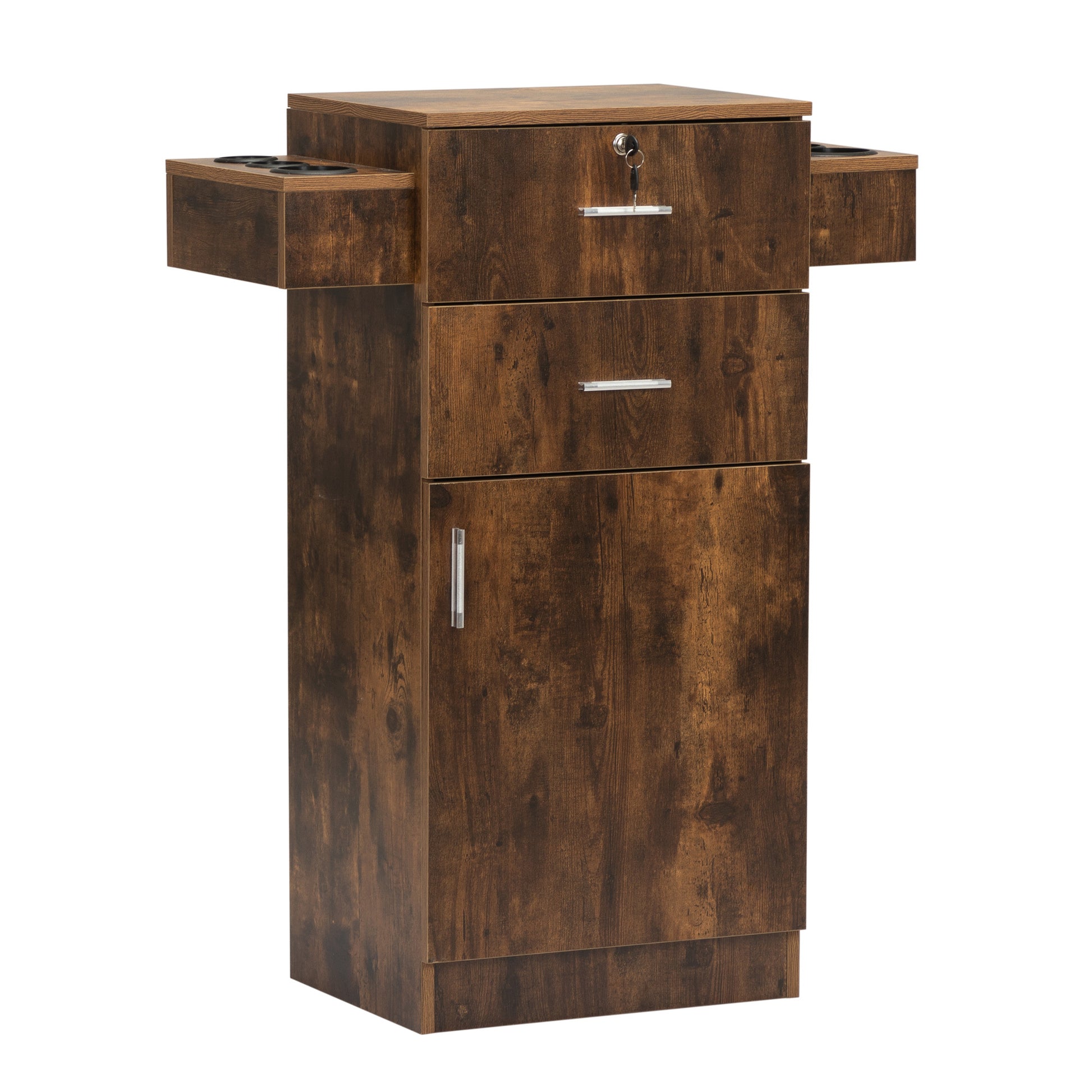 Locking Beauty Salon Station, Hair Styling Barber Station, Spa Salon Equipment With Small Cabinet, Pull Out Drawers, Dryer Holders, Rustic Brown Rustic Brown Particle Board