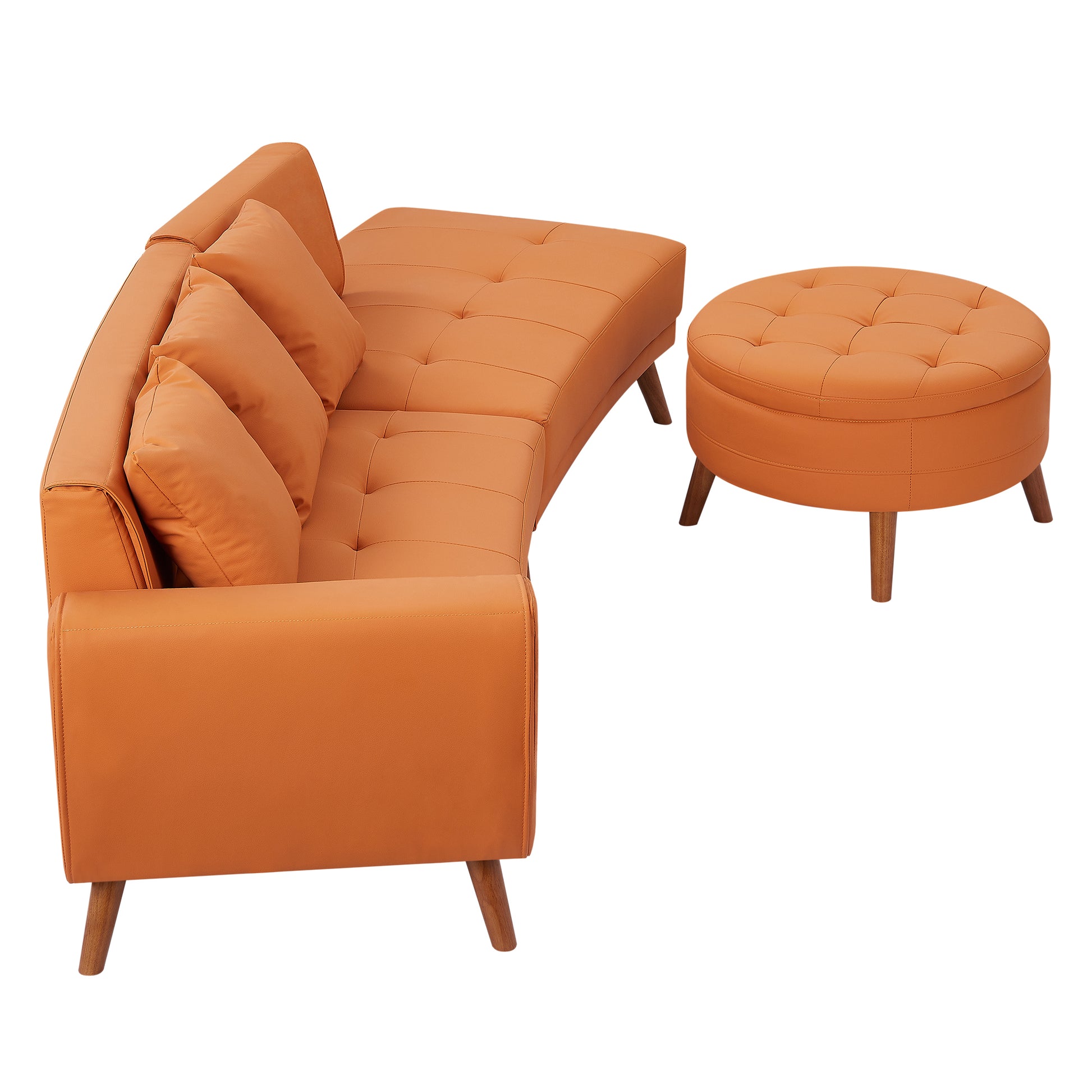 107" Contemporary Sofa Stylish Sofa Couch With A Round Storage Ottoman And Three Removable Pillows For Living Room, Orange Orange Pu
