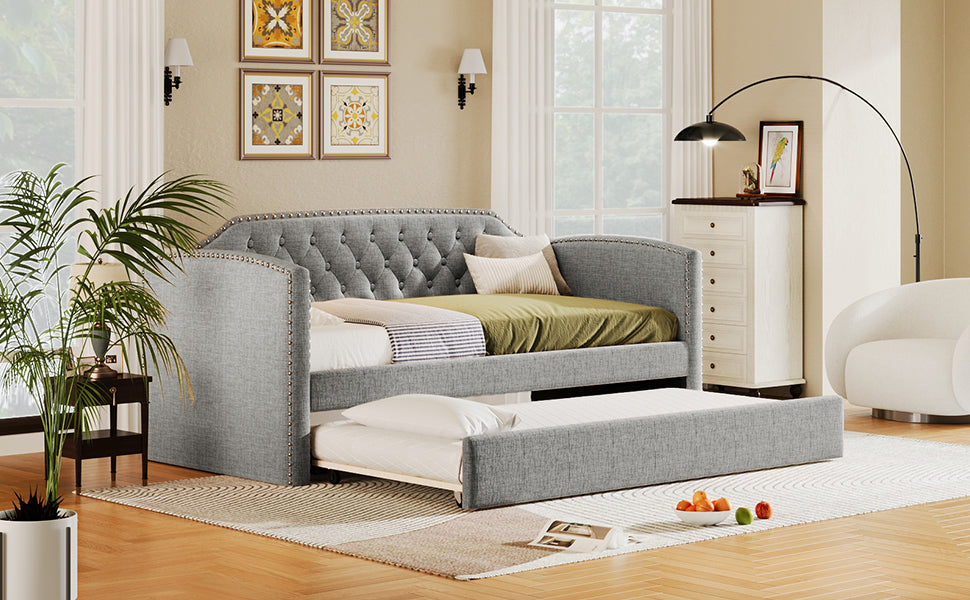 Twin Size Upholstered Daybed With Trundle For Guest Room, Small Bedroom, Study Room, Gray Box Spring Not Required Twin Gray Wood Bedroom Traditional Daybeds Linen Upholstered