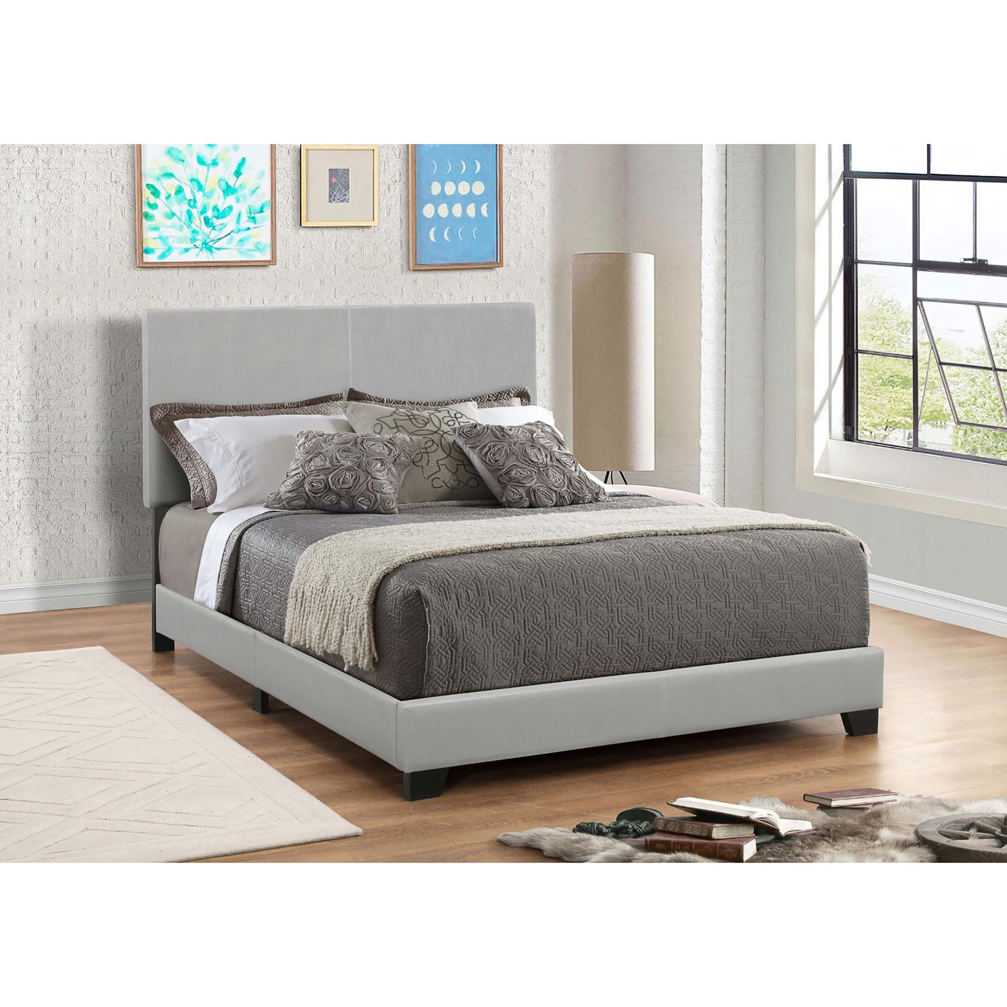 Grey Queen Panel Bed Box Spring Required Queen Grey Wood Bedroom Transitional Panel Foam Faux Leather Upholstered