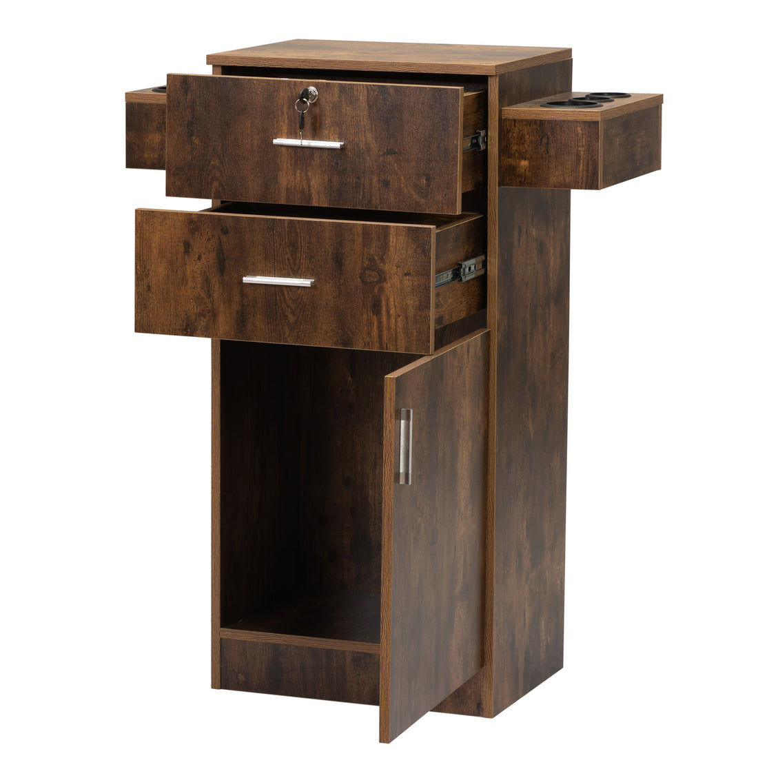 Locking Beauty Salon Station, Hair Styling Barber Station, Spa Salon Equipment With Small Cabinet, Pull Out Drawers, Dryer Holders, Rustic Brown Rustic Brown Particle Board