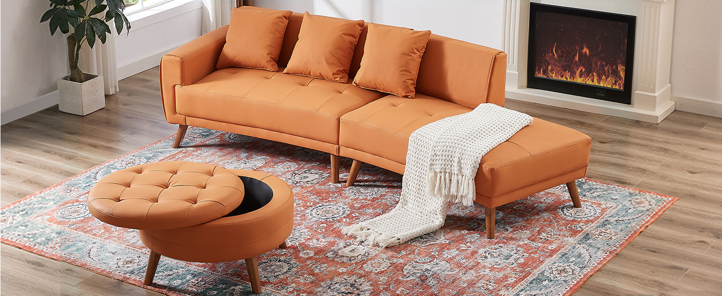 107" Contemporary Sofa Stylish Sofa Couch With A Round Storage Ottoman And Three Removable Pillows For Living Room, Orange Orange Pu