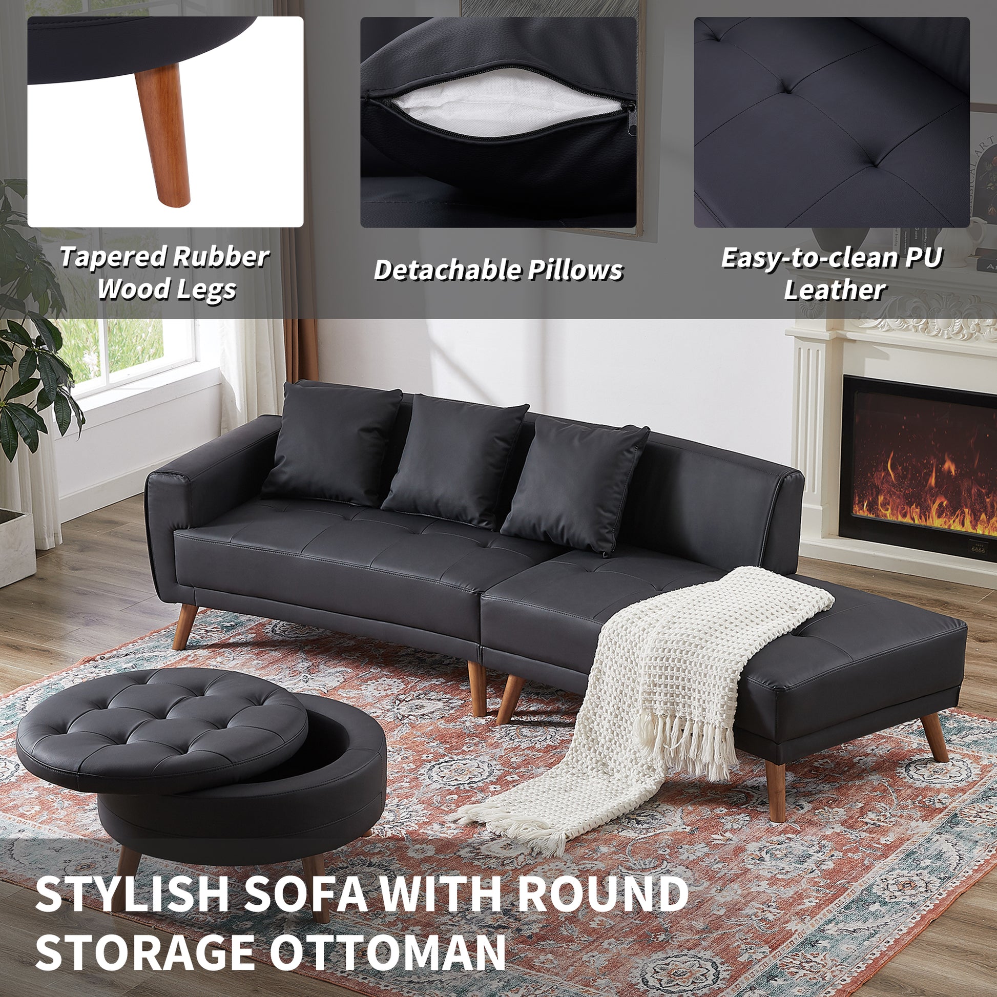 107" Contemporary Sofa Stylish Sofa Couch With A Round Storage Ottoman And Three Removable Pillows For Living Room, Black Black Pu