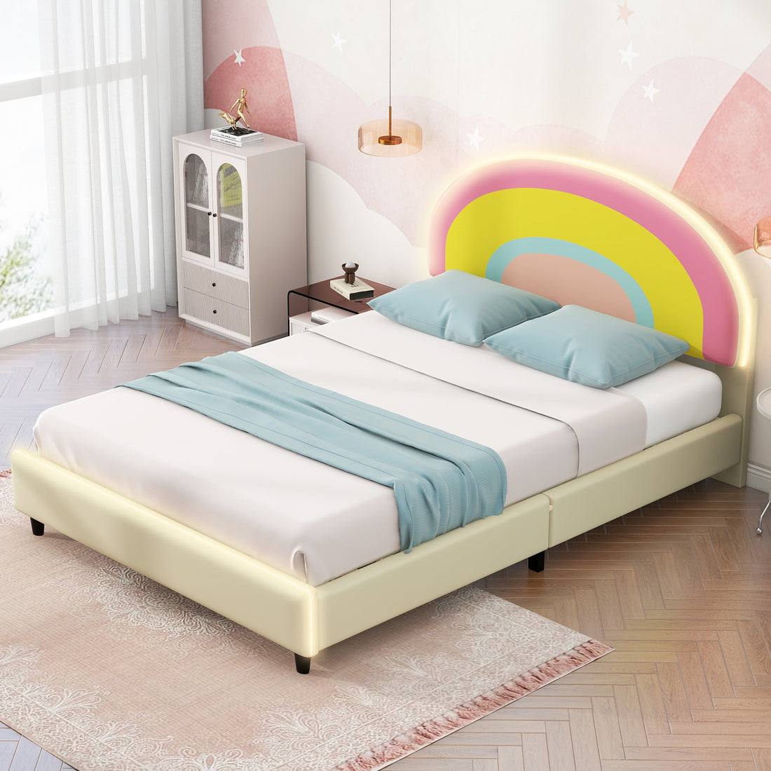 Twin Size Upholstered Platform Bed With Rainbow Shaped And Height Adjustbale Headboard,Led Light Strips,Beige Beige Upholstered