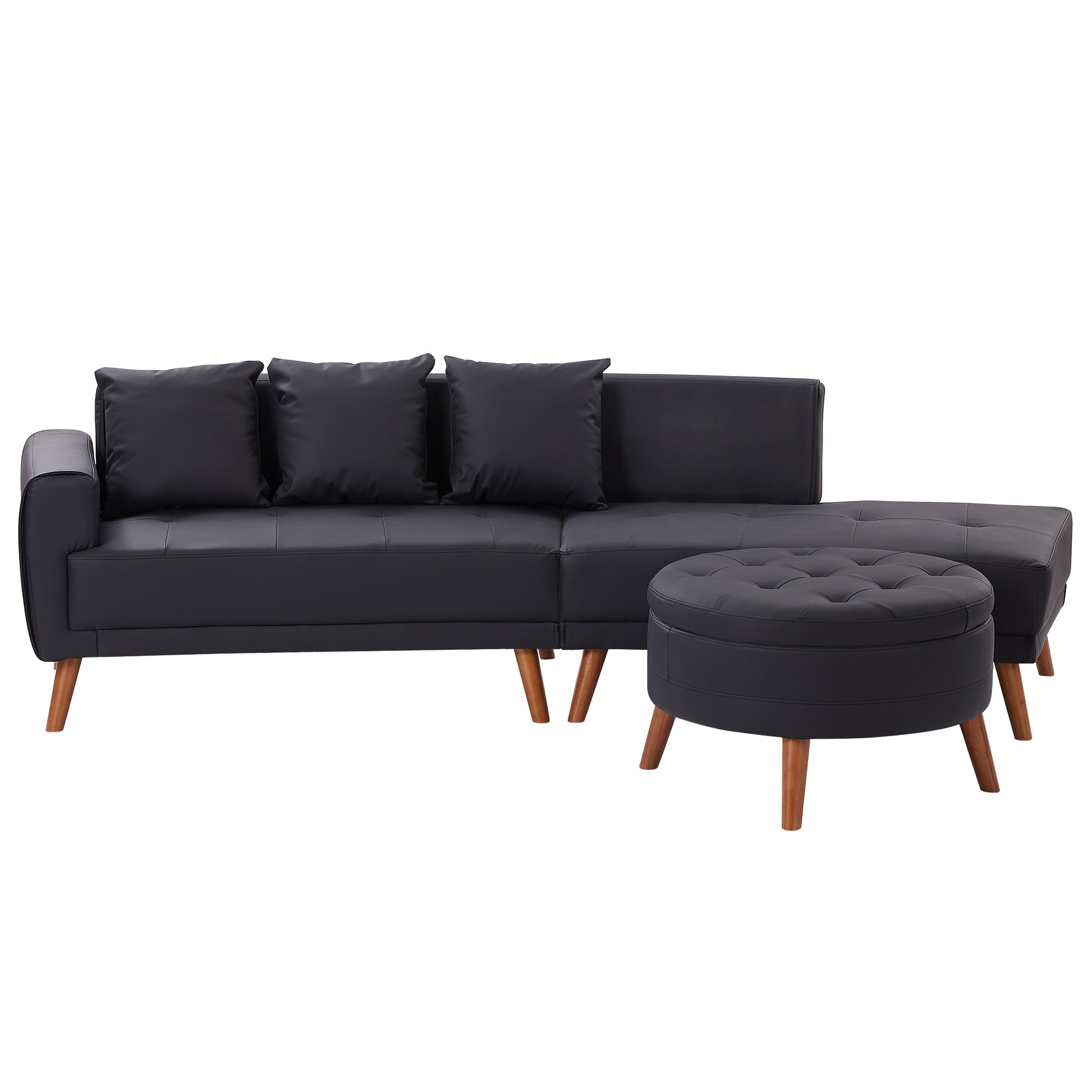 107" Contemporary Sofa Stylish Sofa Couch With A Round Storage Ottoman And Three Removable Pillows For Living Room, Black Black Pu