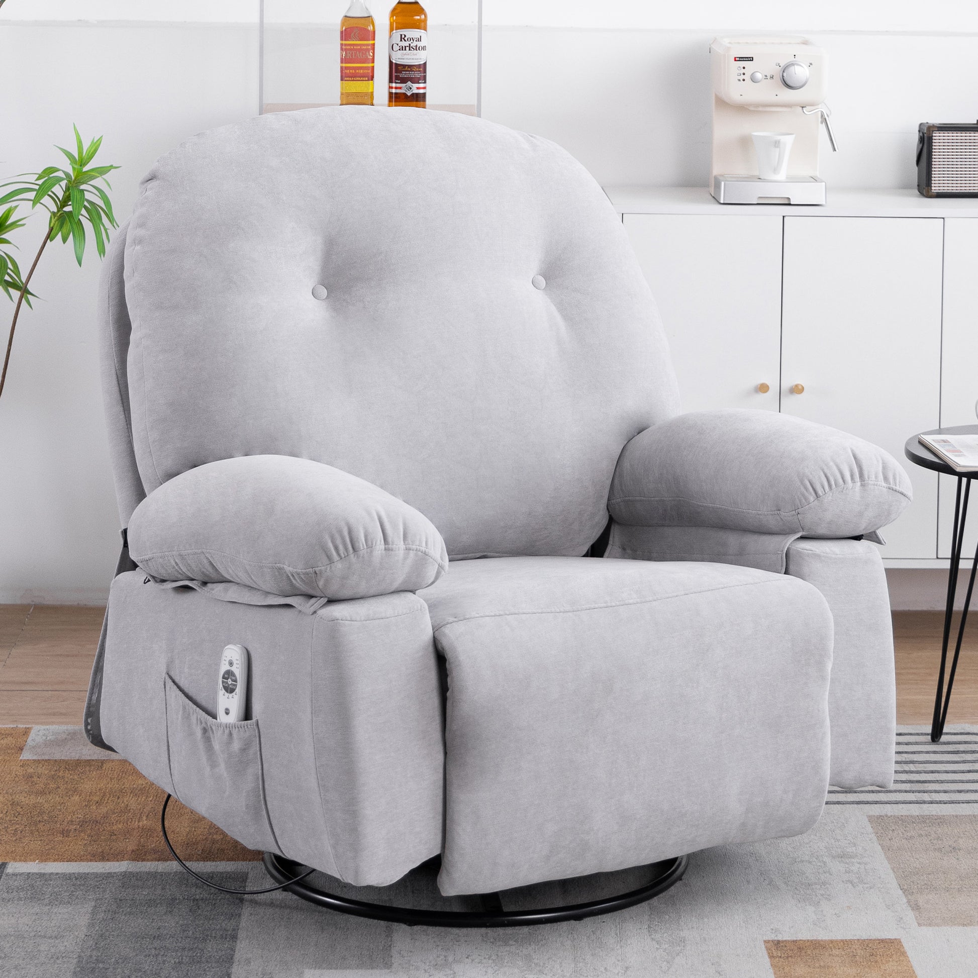 Modern Chenille Recliner Chairs Swivel Massage Rocker Recliner With Heat Natural Ash Chenille Manual Handle Metal Primary Living Space Soft Cushion Back Heavy Duty American Design,Artsy,Casual,Cute Pillow Top Arms Foam Chenille