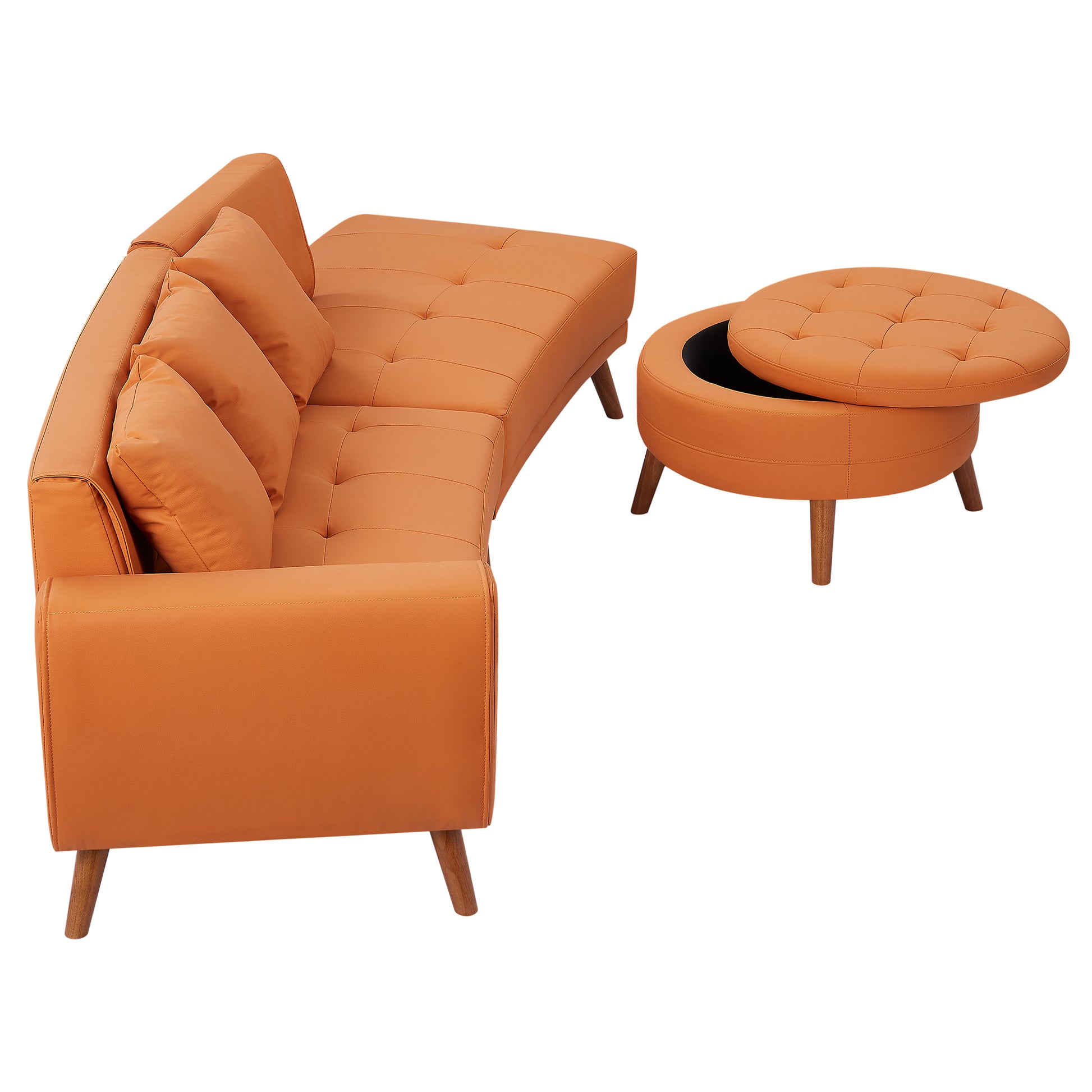 107" Contemporary Sofa Stylish Sofa Couch With A Round Storage Ottoman And Three Removable Pillows For Living Room, Orange Orange Pu