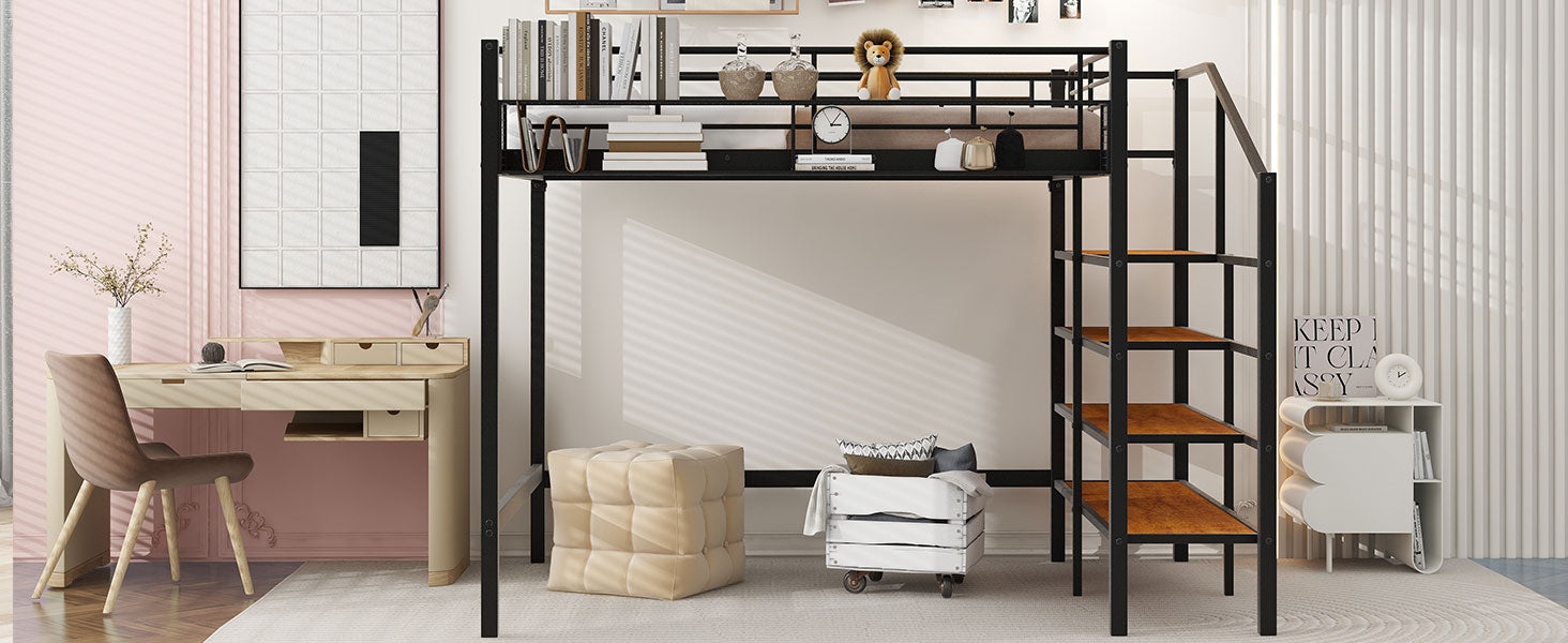 Full Size Metal Loft Bed With Upper Grid Storage Shelf And Lateral Storage Ladder, Black Black Mdf Metal