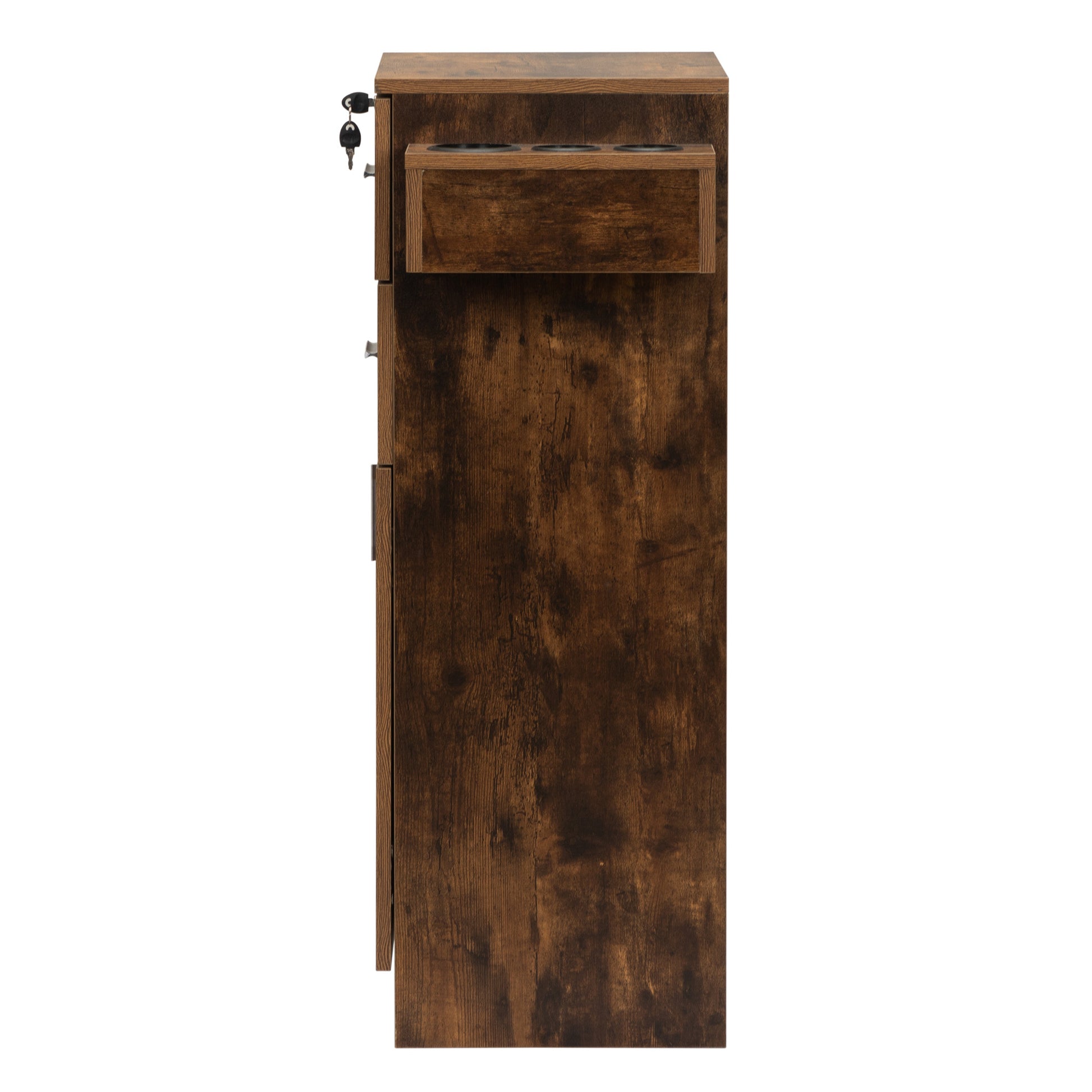 Locking Beauty Salon Station, Hair Styling Barber Station, Spa Salon Equipment With Small Cabinet, Pull Out Drawers, Dryer Holders, Rustic Brown Rustic Brown Particle Board