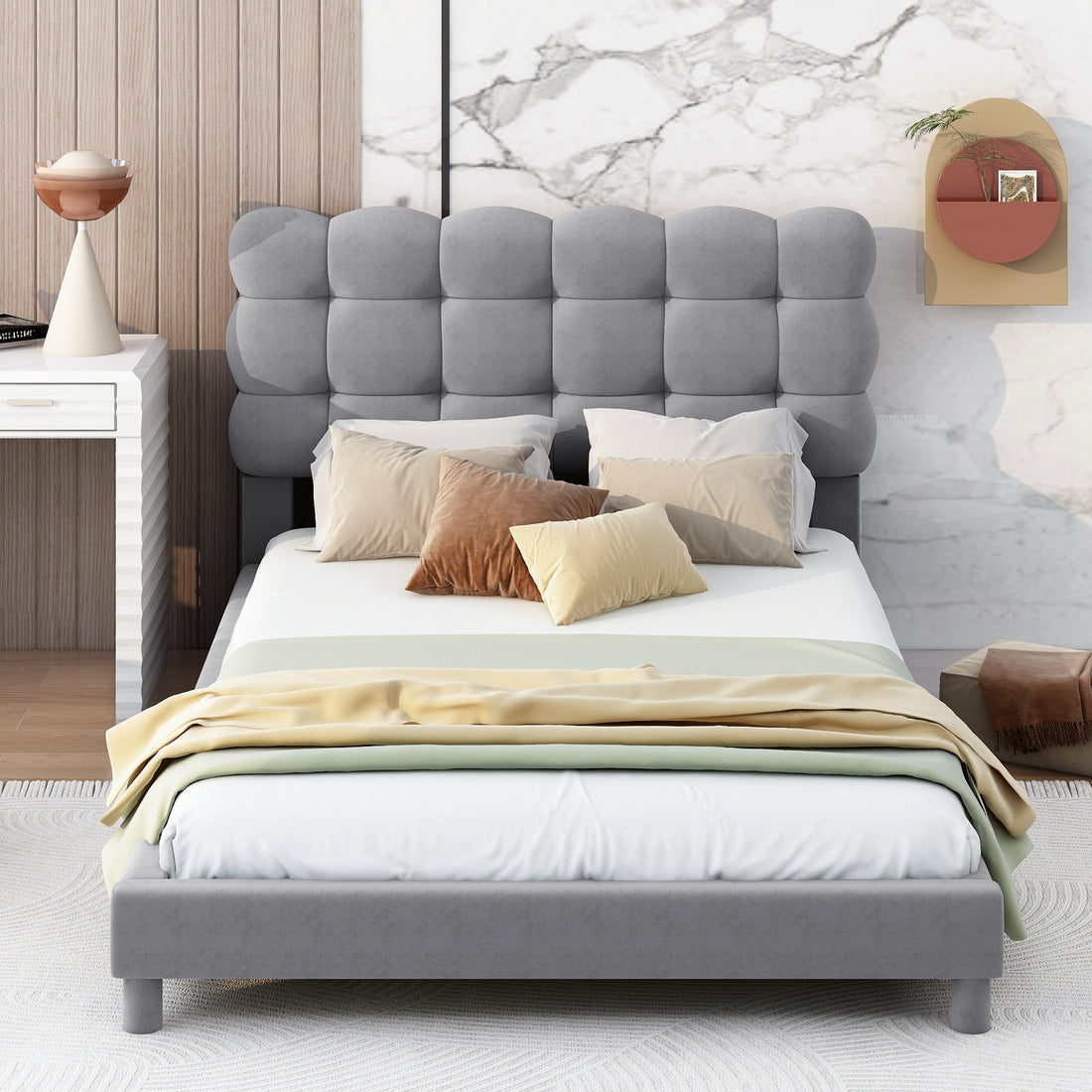 Twin Size Upholstered Platform Bed With Soft Headboard,Gray Gray Upholstered