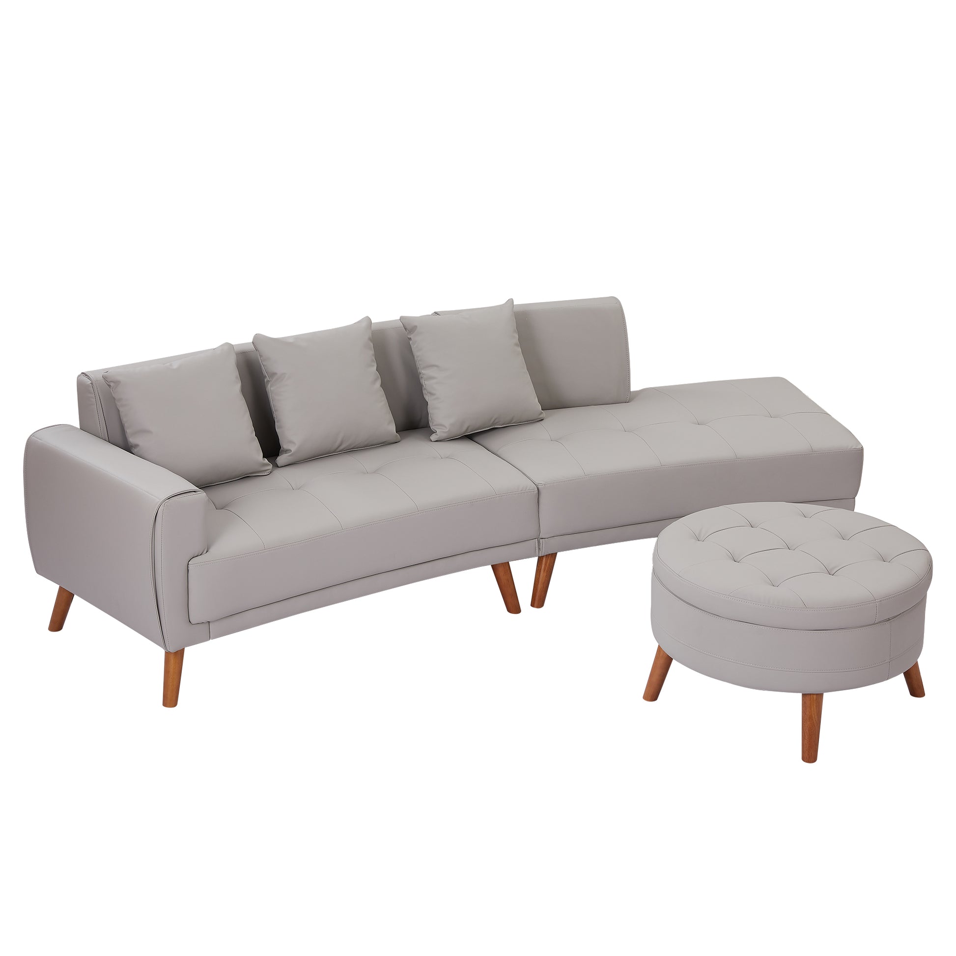 107" Contemporary Sofa Stylish Sofa Couch With A Round Storage Ottoman And Three Removable Pillows For Living Room, Grey Grey Pu 2 Seat