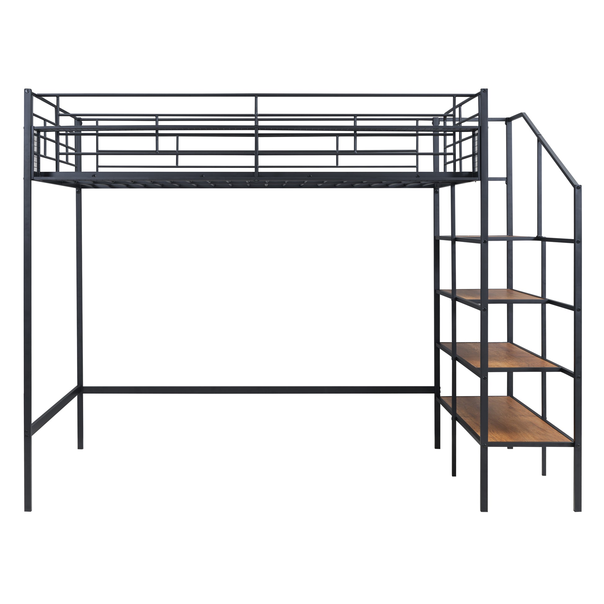 Full Size Metal Loft Bed With Upper Grid Storage Shelf And Lateral Storage Ladder, Black Black Mdf Metal
