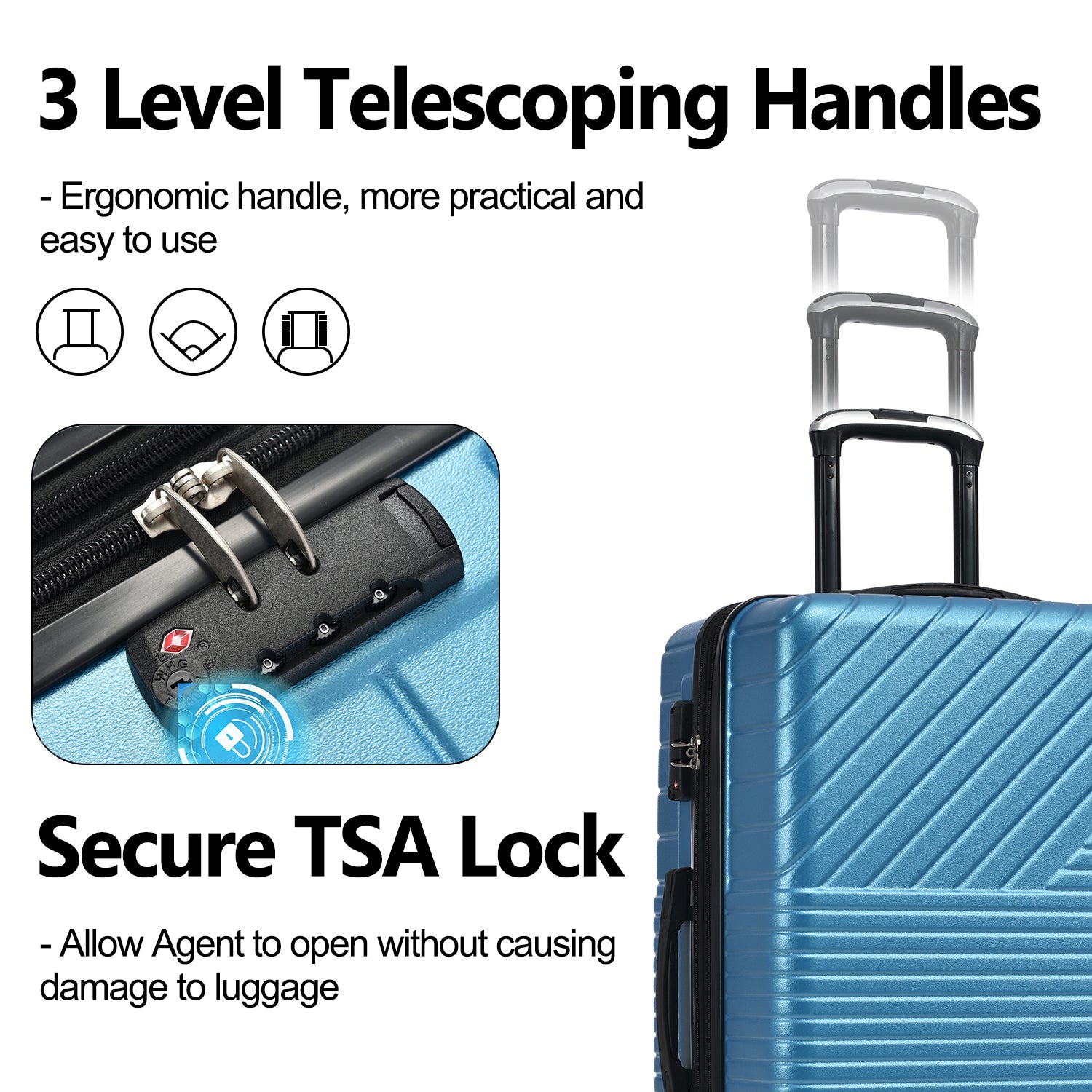 Hardshell Luggage Sets 3 Piece Double Spinner 8 Wheels Suitcase With Tsa Lock Lightweight 20''24''28'' Blue Abs