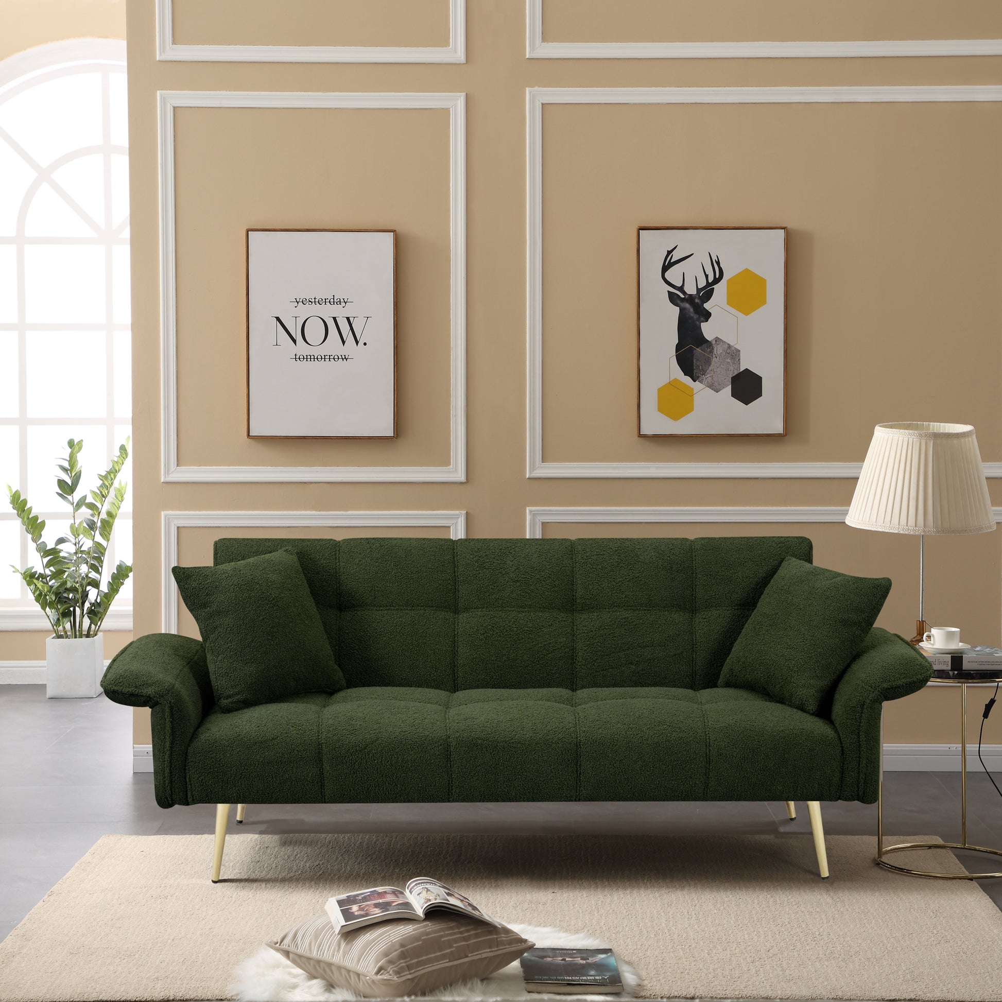 70.1 "Futon Sofa Bed, Convertible Double Sofa Bed With Folding Armrests For Living Rooms And Small Spaces Green Light Brown Velvet Wood Primary Living Space Medium Soft Loose Back Contemporary Eucalyptus Foam Foam 2 Seat