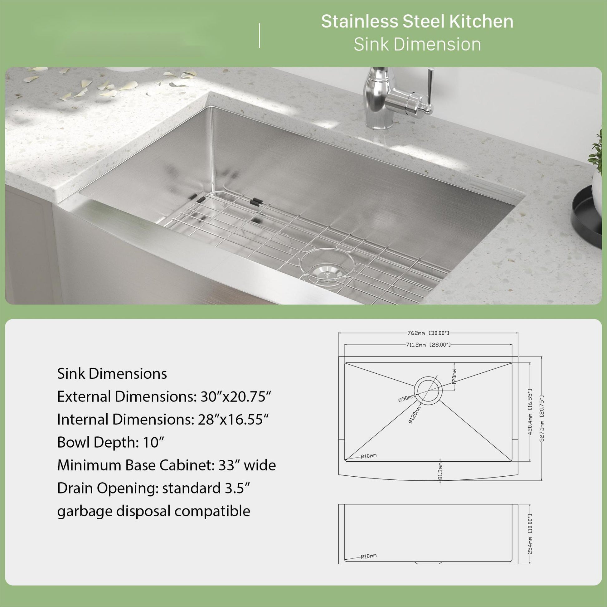 30 Inch Farmhouse Kitchen Sink 30"X21"X10" Stainless Steel Apron Front Farmhouse Sink 10 Inch Deep 16 Gauge Single Bowl Kitchen Sink Basin Brushed Nickel Stainless Steel