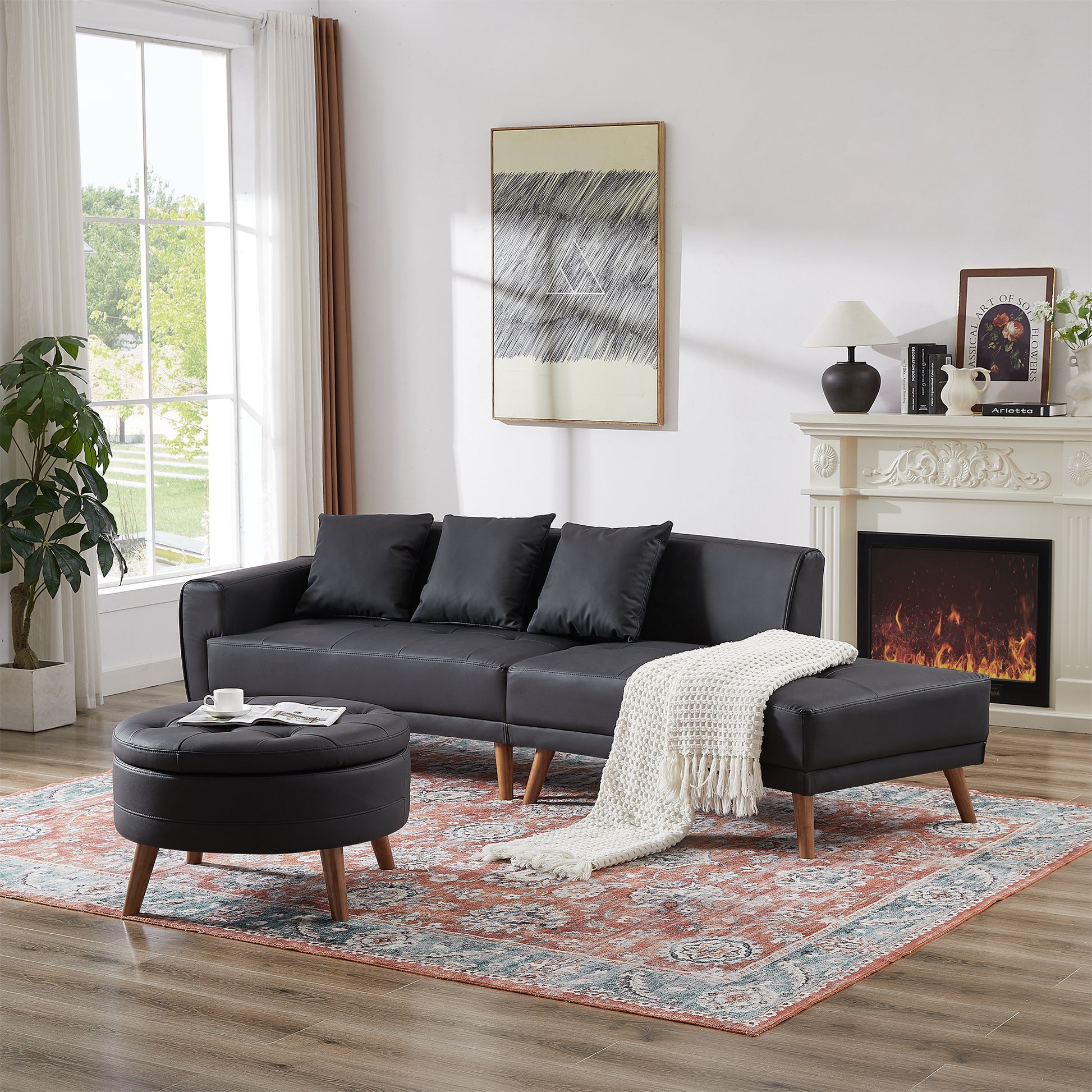 107" Contemporary Sofa Stylish Sofa Couch With A Round Storage Ottoman And Three Removable Pillows For Living Room, Black Black Pu