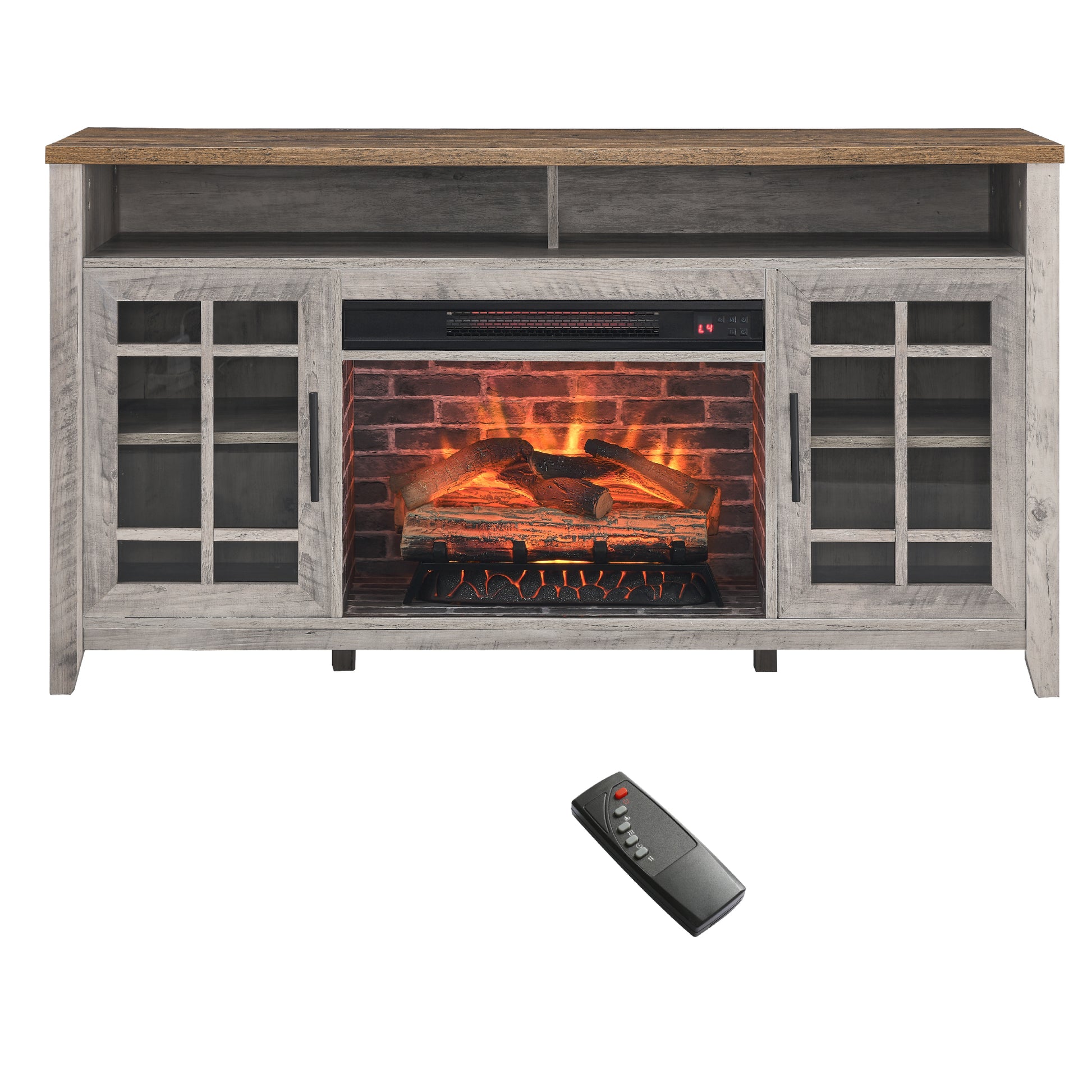 55 Inch Tv Media Stand With Electric Fireplace Kd Inserts Heater,Gray Wash Color Powder Coated Electric Gray Wash Vent Free Primary Living Space Yes Insert Temptered Glass Stainless Steel Mdf Electric