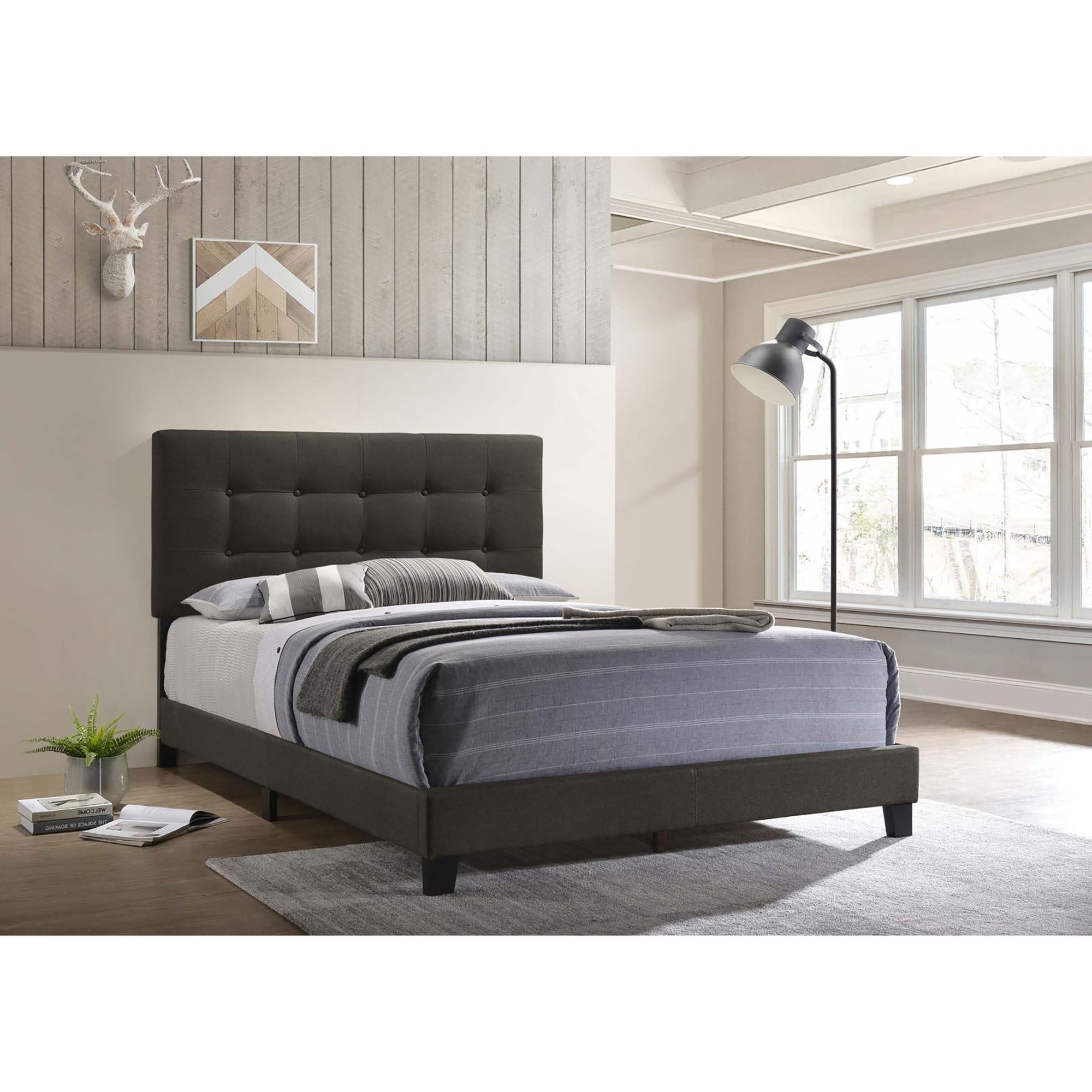 Charcoal Tufted Queen Panel Bed Box Spring Required Queen Charcoal Wood Bedroom Transitional Panel Foam Upholstered