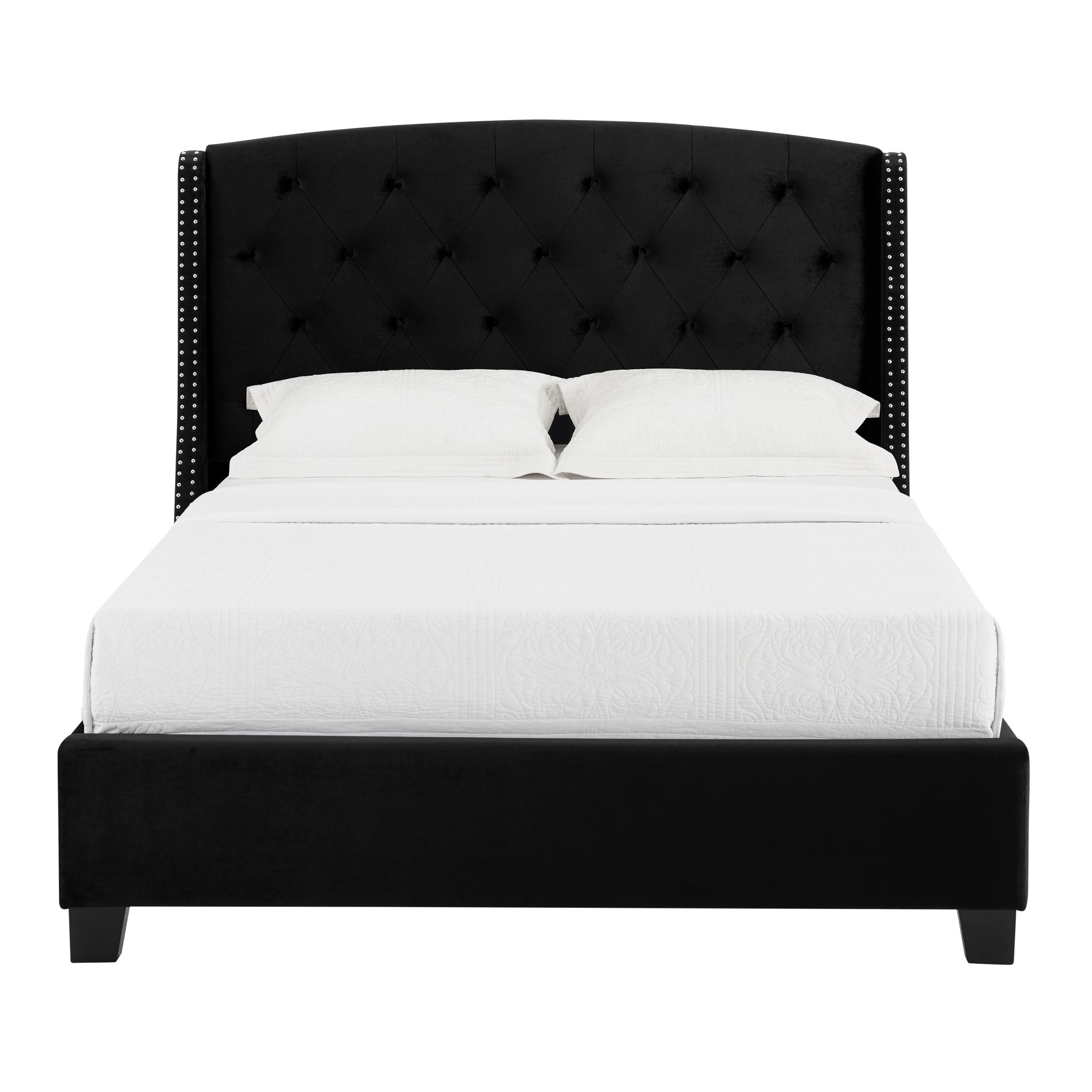 1Pc Contemporary Style Upholstered Fabric Button Tufting Trim Demi Wings Eva Bed Black Finish Wooden Bedroom Furniture Black Wood Fabric