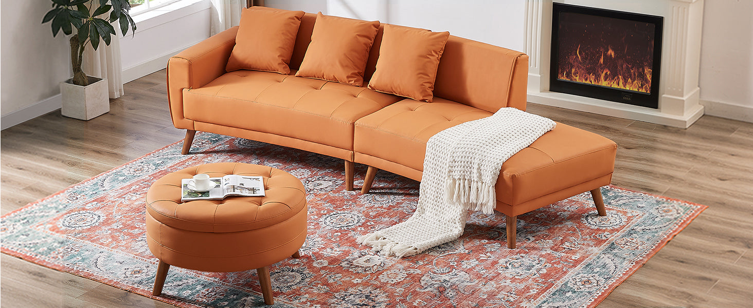 107" Contemporary Sofa Stylish Sofa Couch With A Round Storage Ottoman And Three Removable Pillows For Living Room, Orange Orange Pu