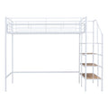 Twin Size Metal Loft Bed With Upper Grid Storage Shelf And Lateral Storage Ladder, White White Mdf Metal