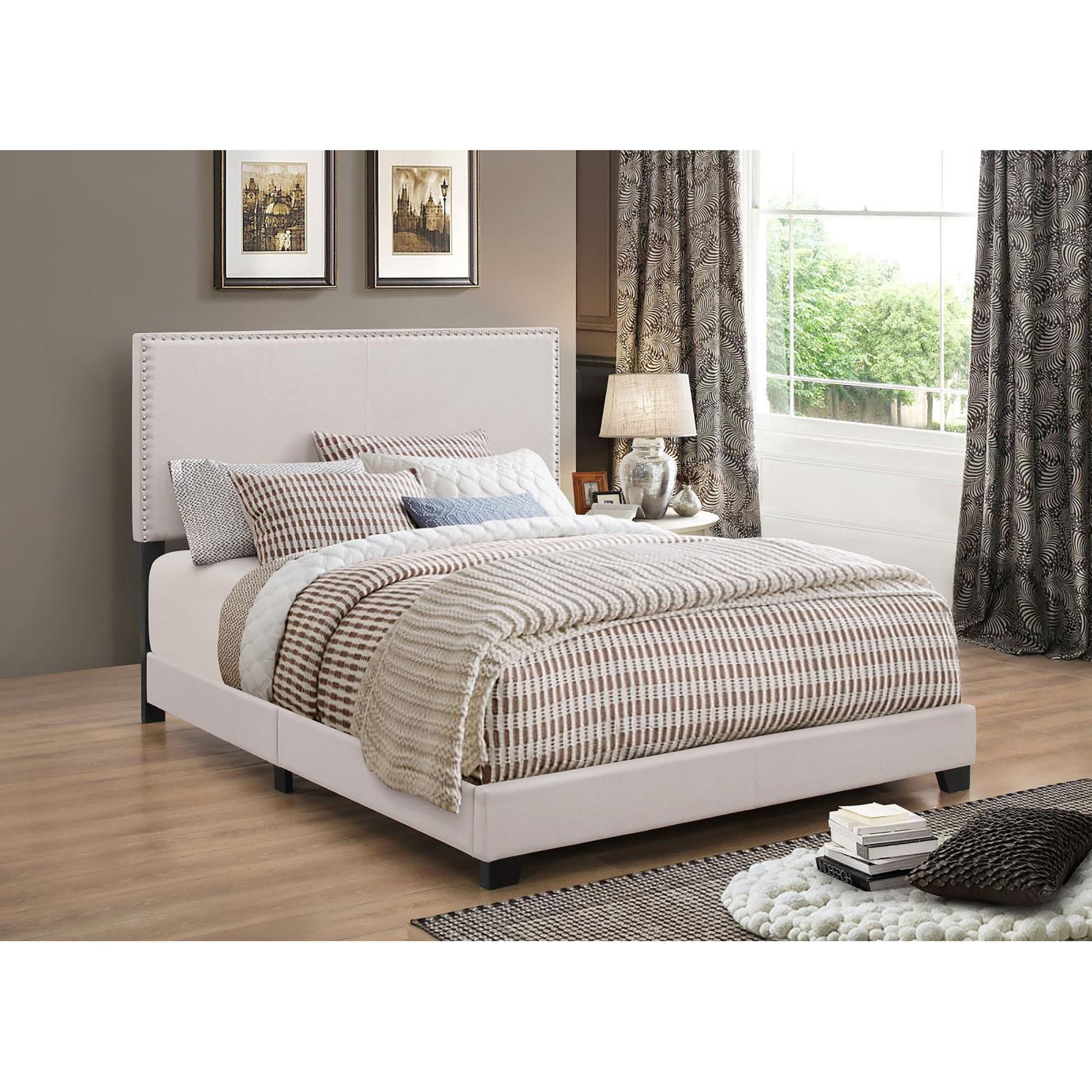 Ivory Queen Bed With Trim Box Spring Required Queen Ivory Wood Bedroom Transitional Panel Foam Upholstered