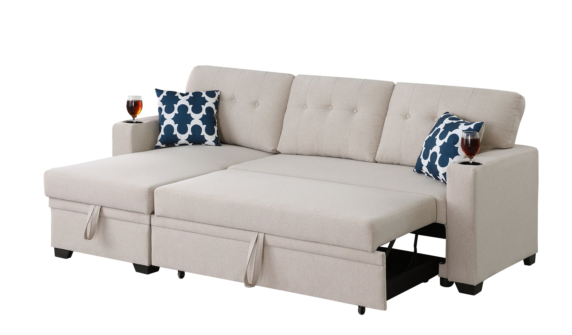 82" Width Sectional With Storage Chaise And Cupholder Armrest Beige Foam Linen