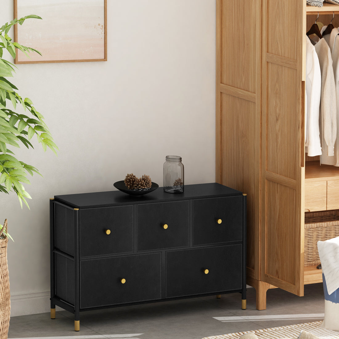 Drawer Dresser Cabinet ,All Dresser With 5 Pu Leather Front Drawers, Storage Tower With Fabric Bins, Double Dresser, Chest Of Drawers For Closet, Living Room, Hallway, Children'S Room, Color:Black 5 Or More Drawers Black Primary Living Space Drawers