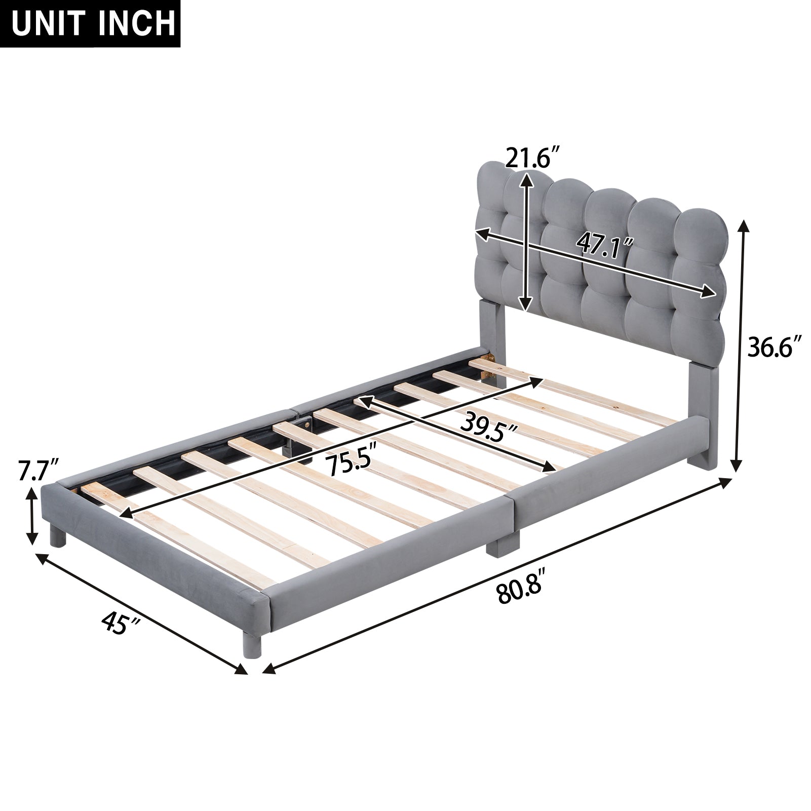 Twin Size Upholstered Platform Bed With Soft Headboard,Gray Gray Upholstered