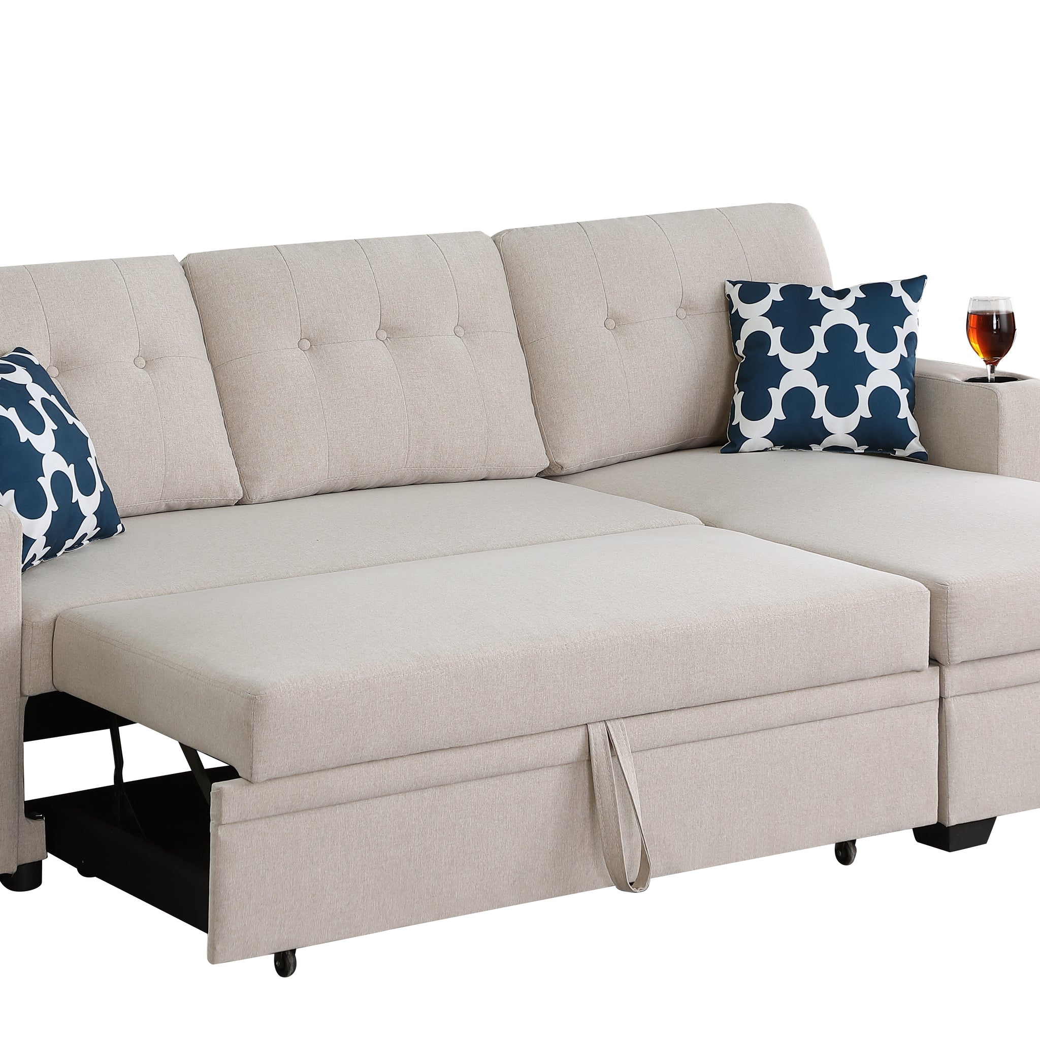 82" Width Sectional With Storage Chaise And Cupholder Armrest Beige Foam Linen