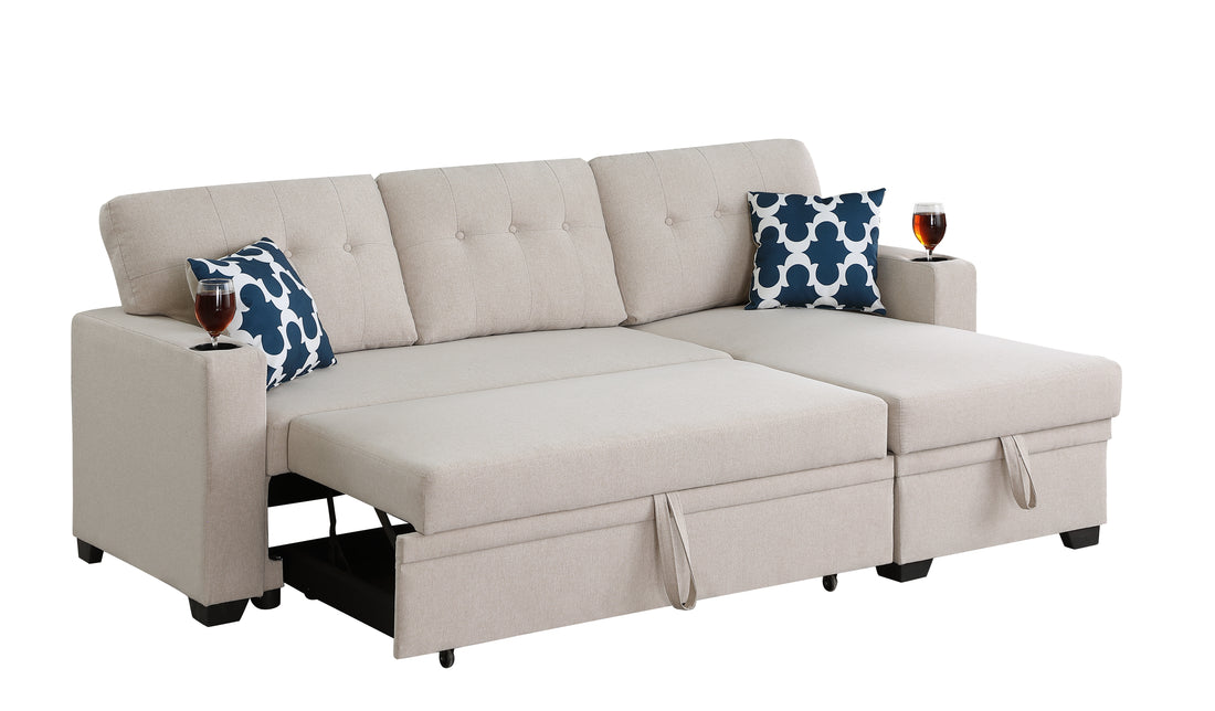 82" Width Sectional With Storage Chaise And Cupholder Armrest Beige Foam Linen