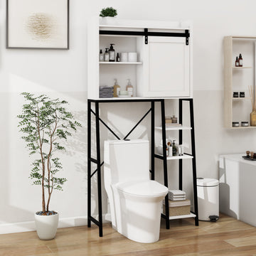 Over The Toilet Storage Cabinet, Bathroom Shelves Over Toilet With Sliding Barn Door,Adjustable Shelves And Side Storage Rack White White Black Mdf