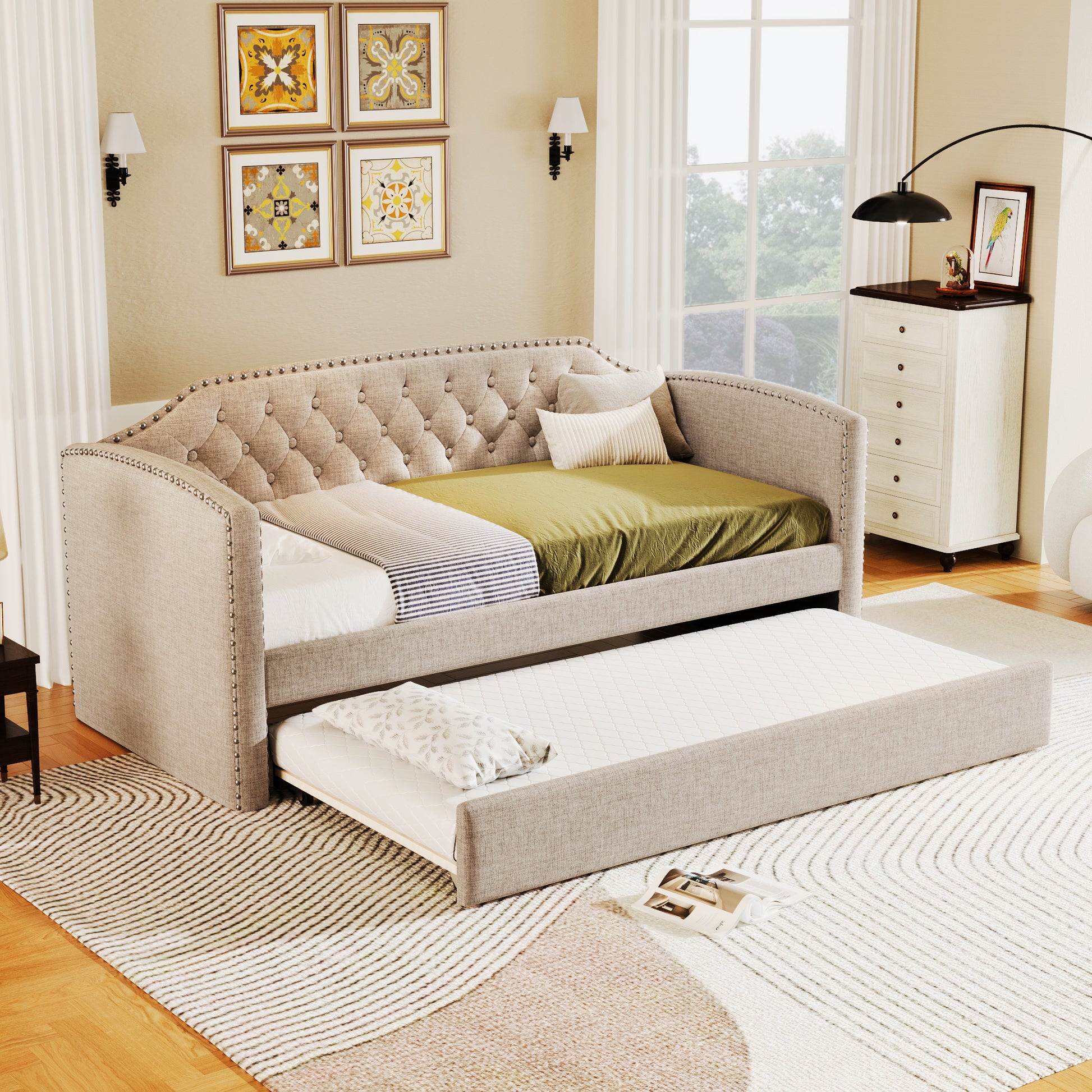 Twin Size Upholstered Daybed With Trundle For Guest Room, Small Bedroom, Study Room, Beige Box Spring Not Required Twin Beige Wood Bedroom Traditional Daybeds Linen Upholstered