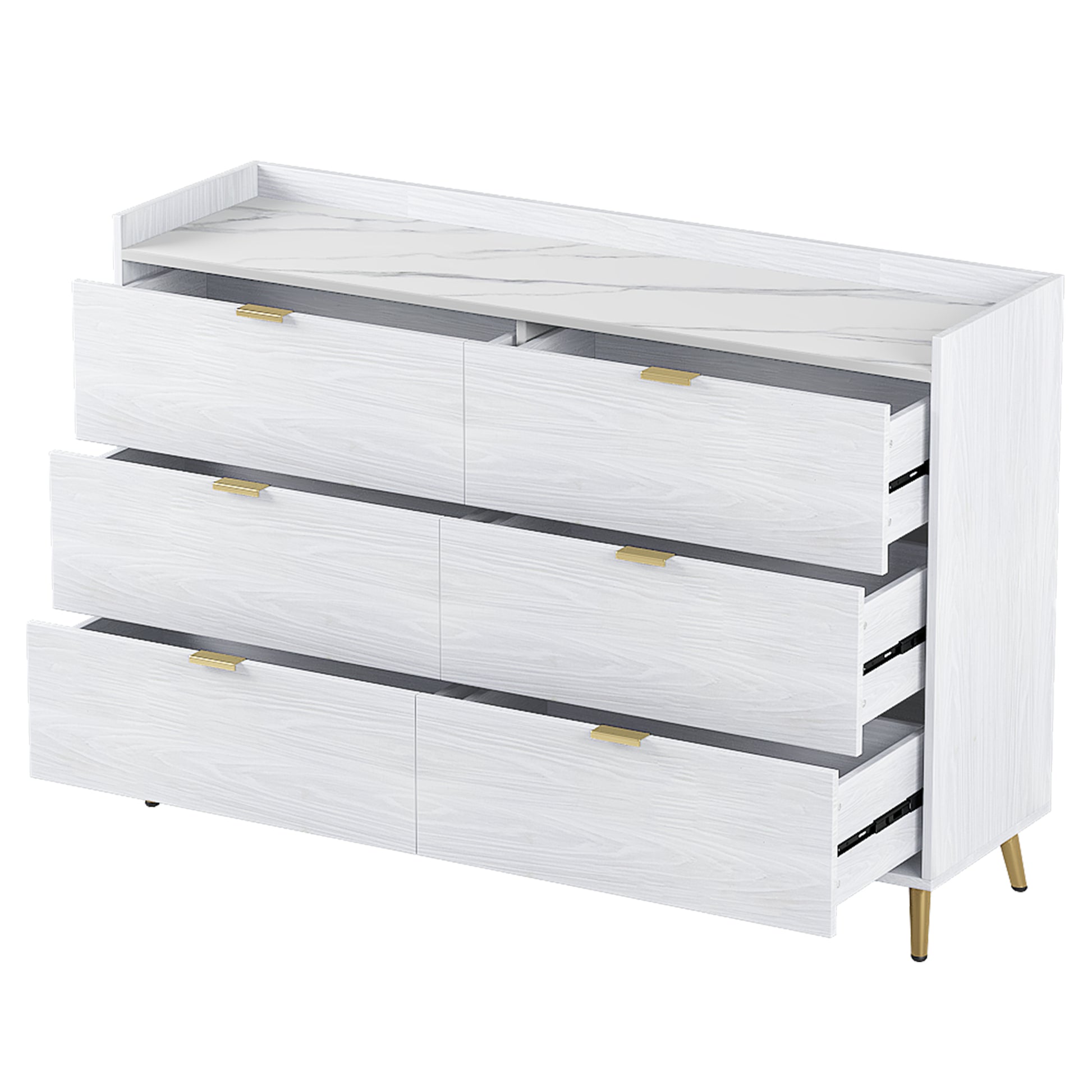 55" Long 6 Drawer Dresser With Marbling Worktop, Mordern Storage Cabinet With Metal Leg And Handle For Bedroom, White White Mdf Metal