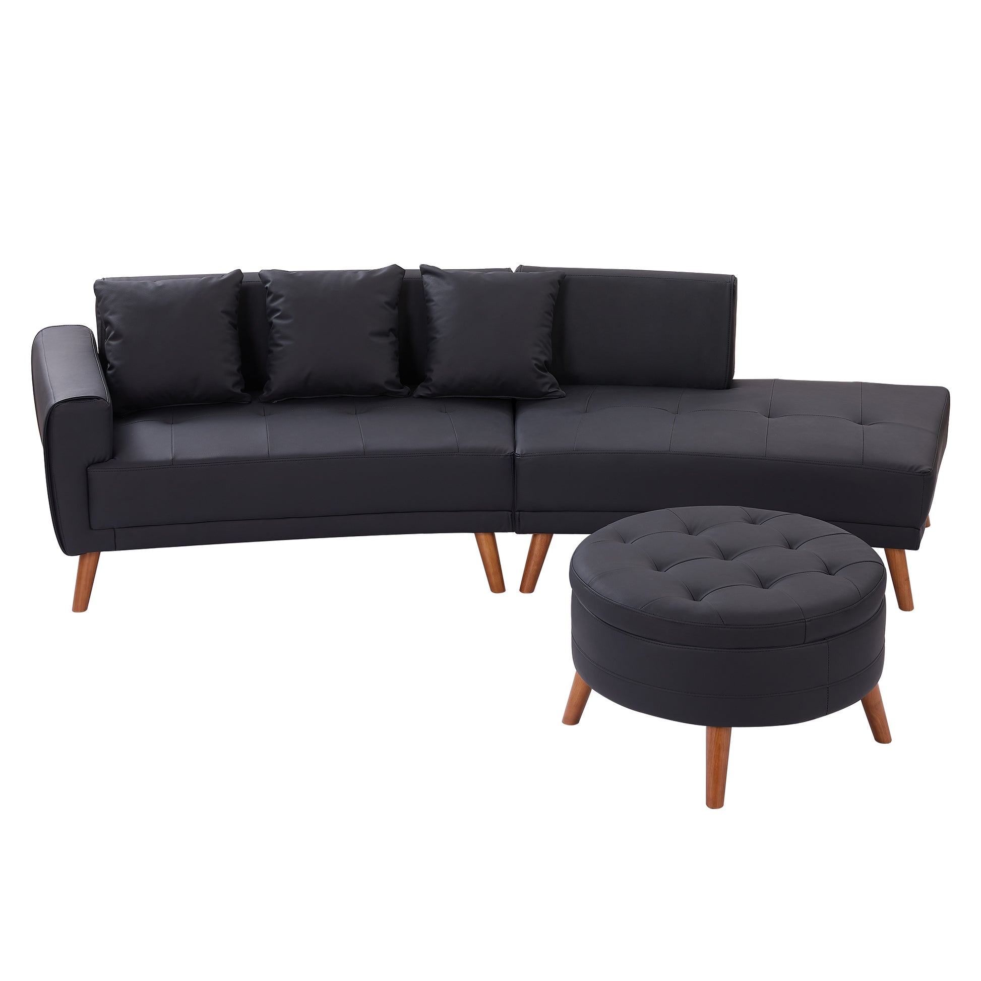 107" Contemporary Sofa Stylish Sofa Couch With A Round Storage Ottoman And Three Removable Pillows For Living Room, Black Black Pu