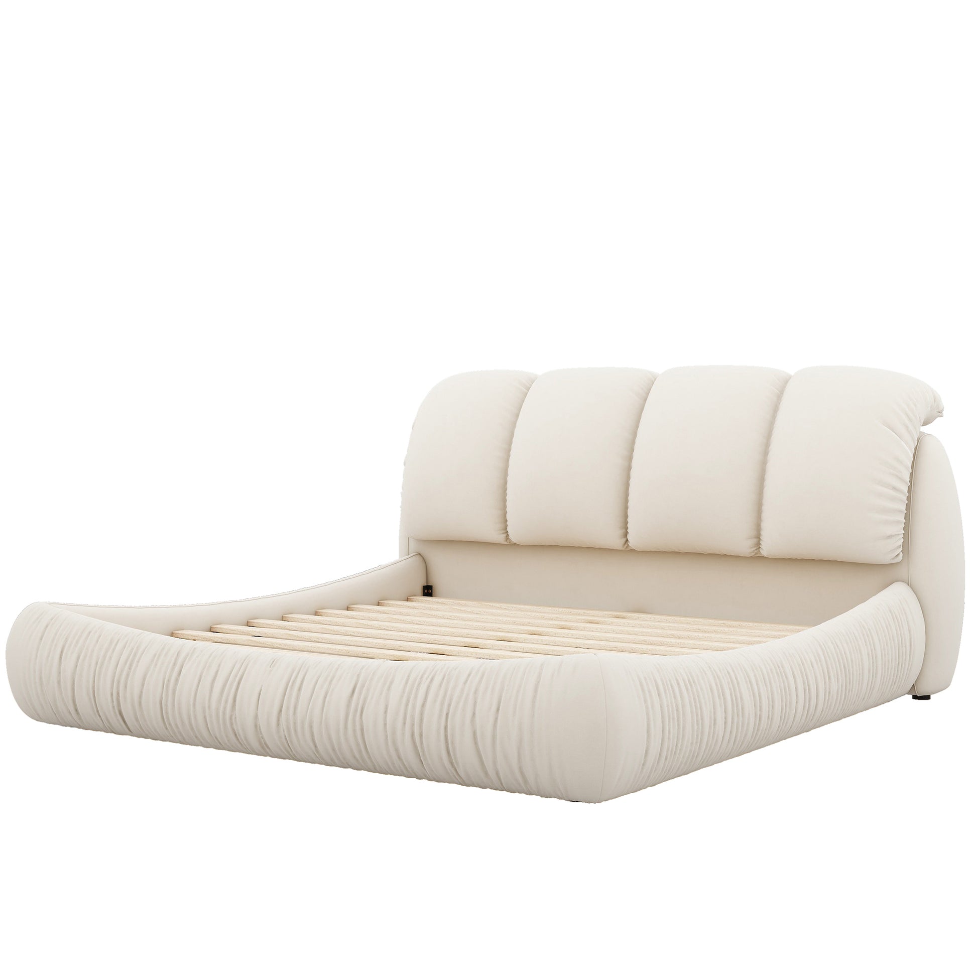 King Size Luxury Upholstered Bed With Thick Headboard, Velvet King Bed With Oversized Padded Backrest, Beige Expect Arrive Date 2024 3 12 King Beige Velvet