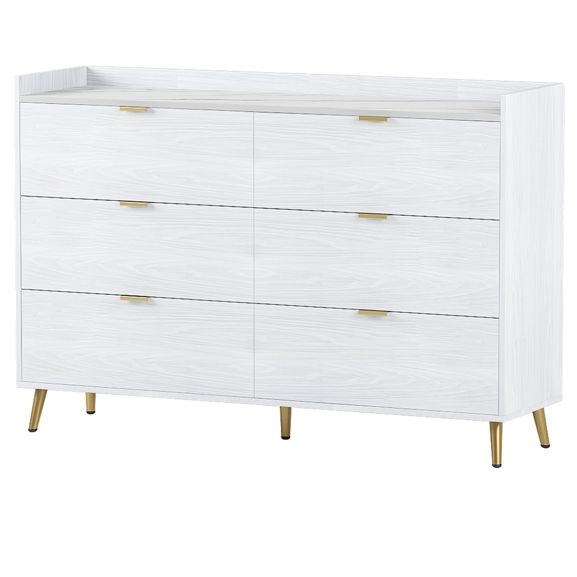 55" Long 6 Drawer Dresser With Marbling Worktop, Mordern Storage Cabinet With Metal Leg And Handle For Bedroom, White White Mdf Metal