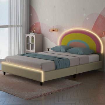 Twin Size Upholstered Platform Bed With Rainbow Shaped And Height Adjustbale Headboard,Led Light Strips,Beige Beige Upholstered