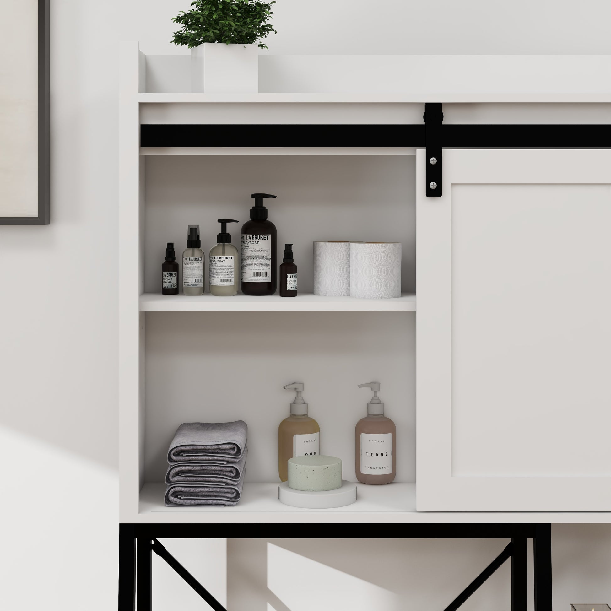 Over The Toilet Storage Cabinet, Bathroom Shelves Over Toilet With Sliding Barn Door,Adjustable Shelves And Side Storage Rack White White Black Mdf