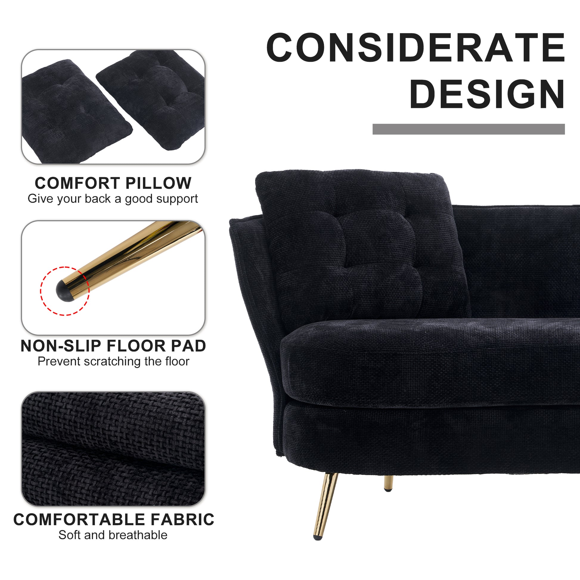 Polyester Fiber Loveseat Sofa Chair Upholstered Couch With Golden Metal Legs Club Two Seat Sofa For Living Reading Room Bedroom Apartment Small Space Dorm,Black. Black Polyester Wood Primary Living Space Soft Tight Back Modern Polyester