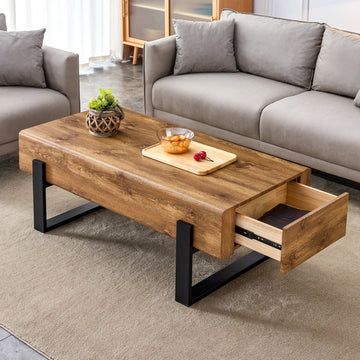 A Coffee Table Made Of American Vintage Mdf Material. Equipped With Drawers Made Of Solid Wood Material. Can Store Items And Save Space. Paired With Black Metal Table Legs. Suitable For Living Room.