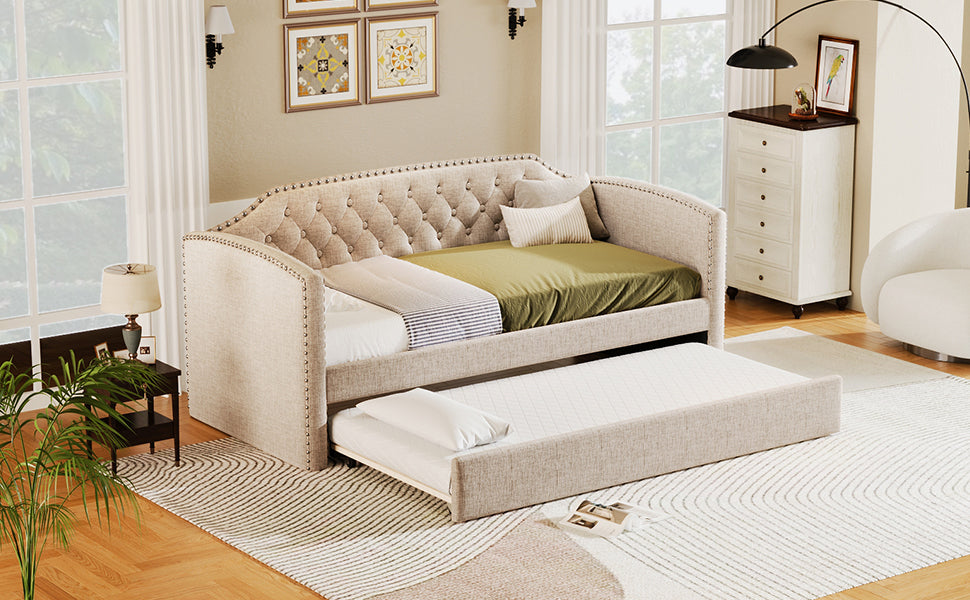 Twin Size Upholstered Daybed With Trundle For Guest Room, Small Bedroom, Study Room, Beige Box Spring Not Required Twin Beige Wood Bedroom Traditional Daybeds Linen Upholstered