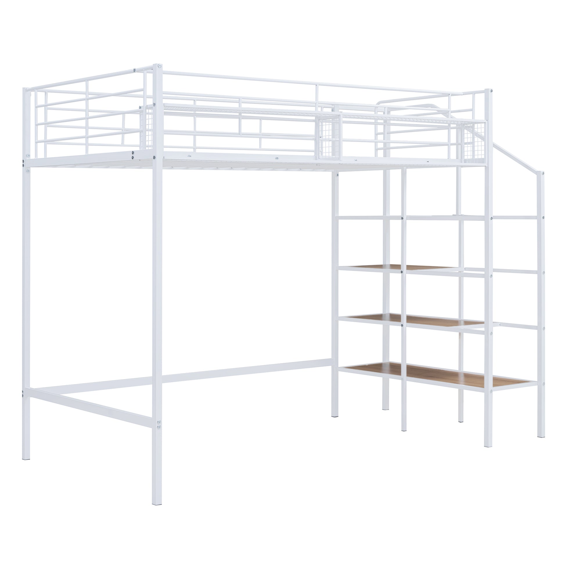 Twin Size Metal Loft Bed With Upper Grid Storage Shelf And Lateral Storage Ladder, White White Mdf Metal