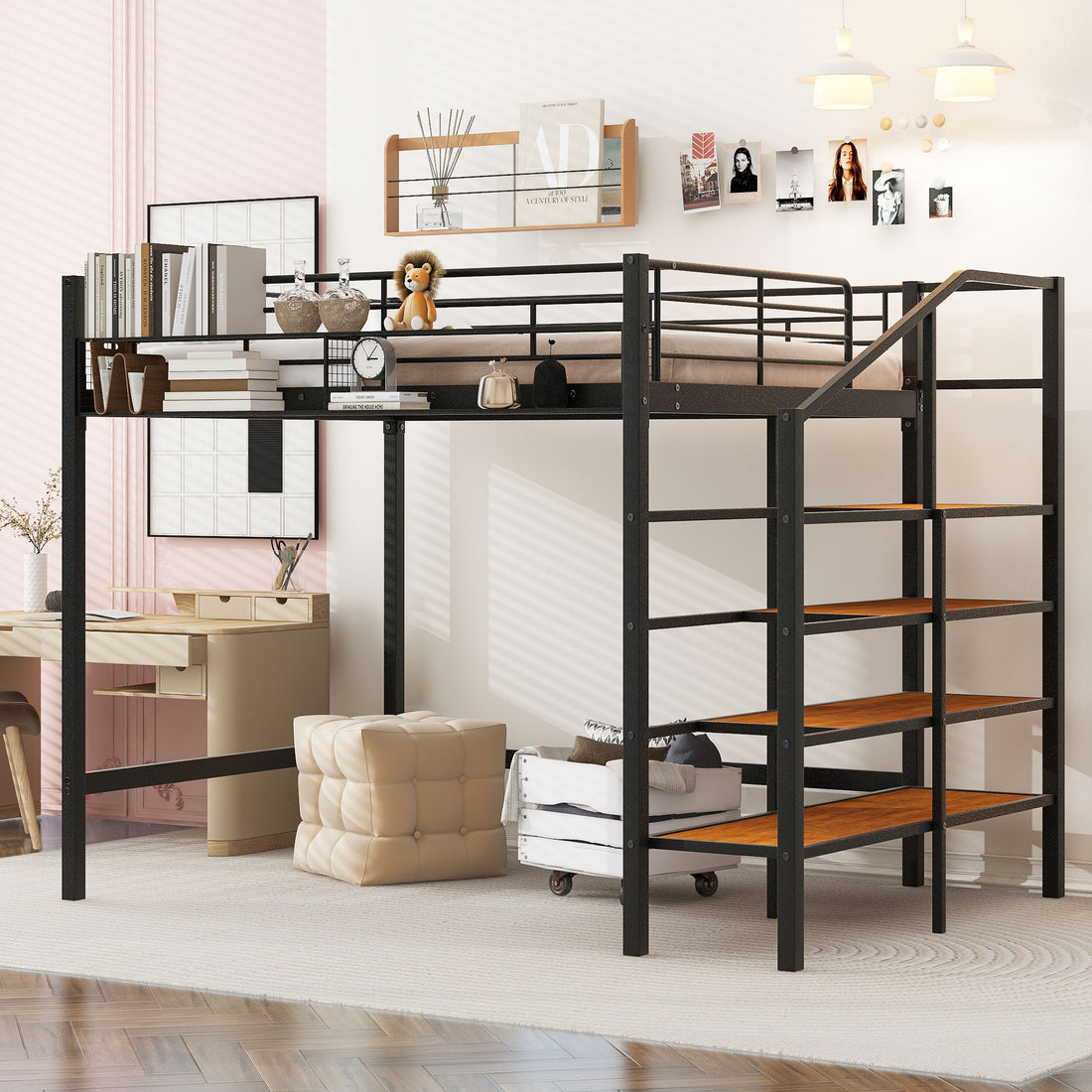 Full Size Metal Loft Bed With Upper Grid Storage Shelf And Lateral Storage Ladder, Black Black Mdf Metal