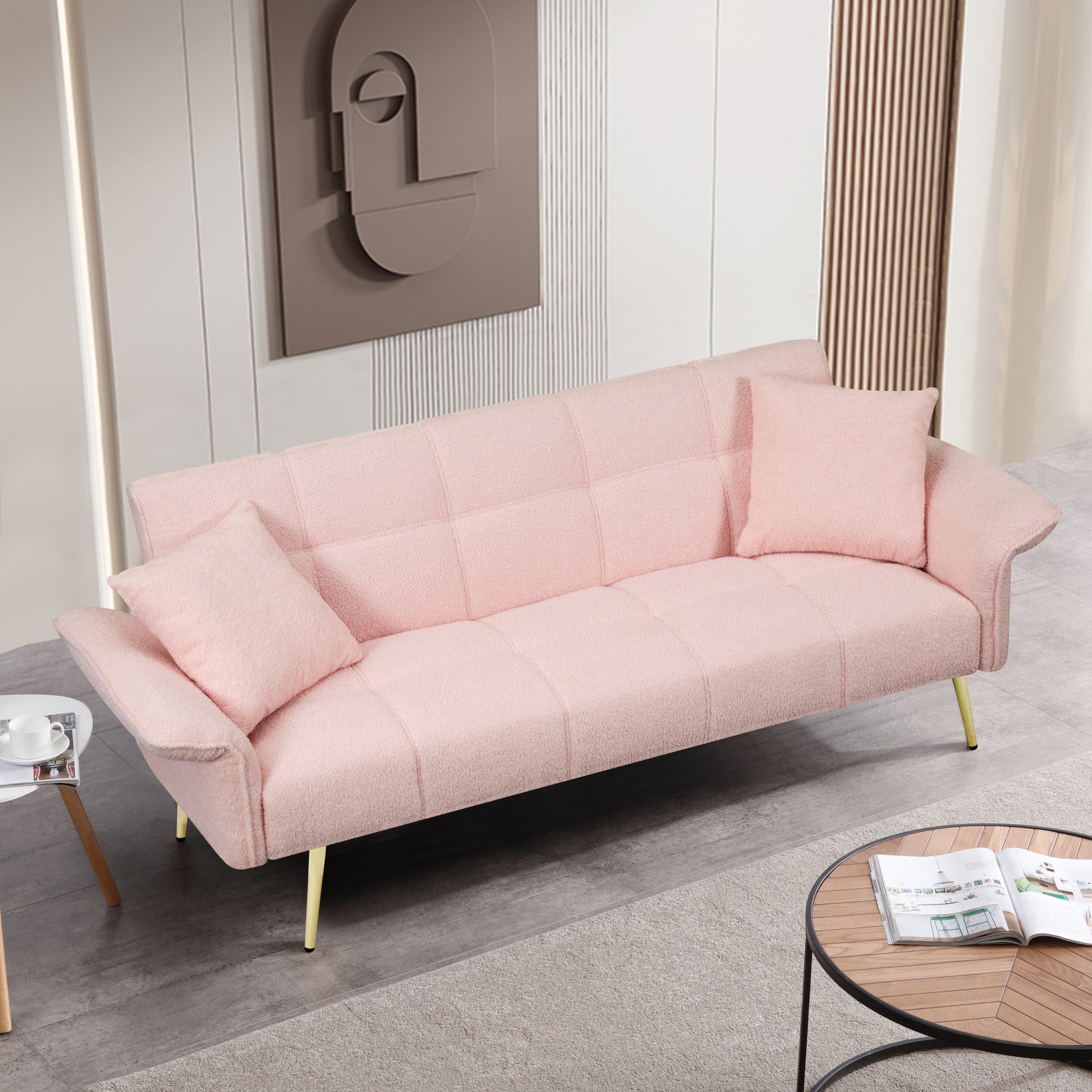 70 Inch Teddy Fleece Sofabed, Convertible Futon Sofabed With Adjustable Arms And Backrest, Modernsofa For Living Room And Bedroom. Pink Light Brown Velvet Wood Primary Living Space Medium Soft Loose Back Contemporary Eucalyptus Foam Foam 2 Seat